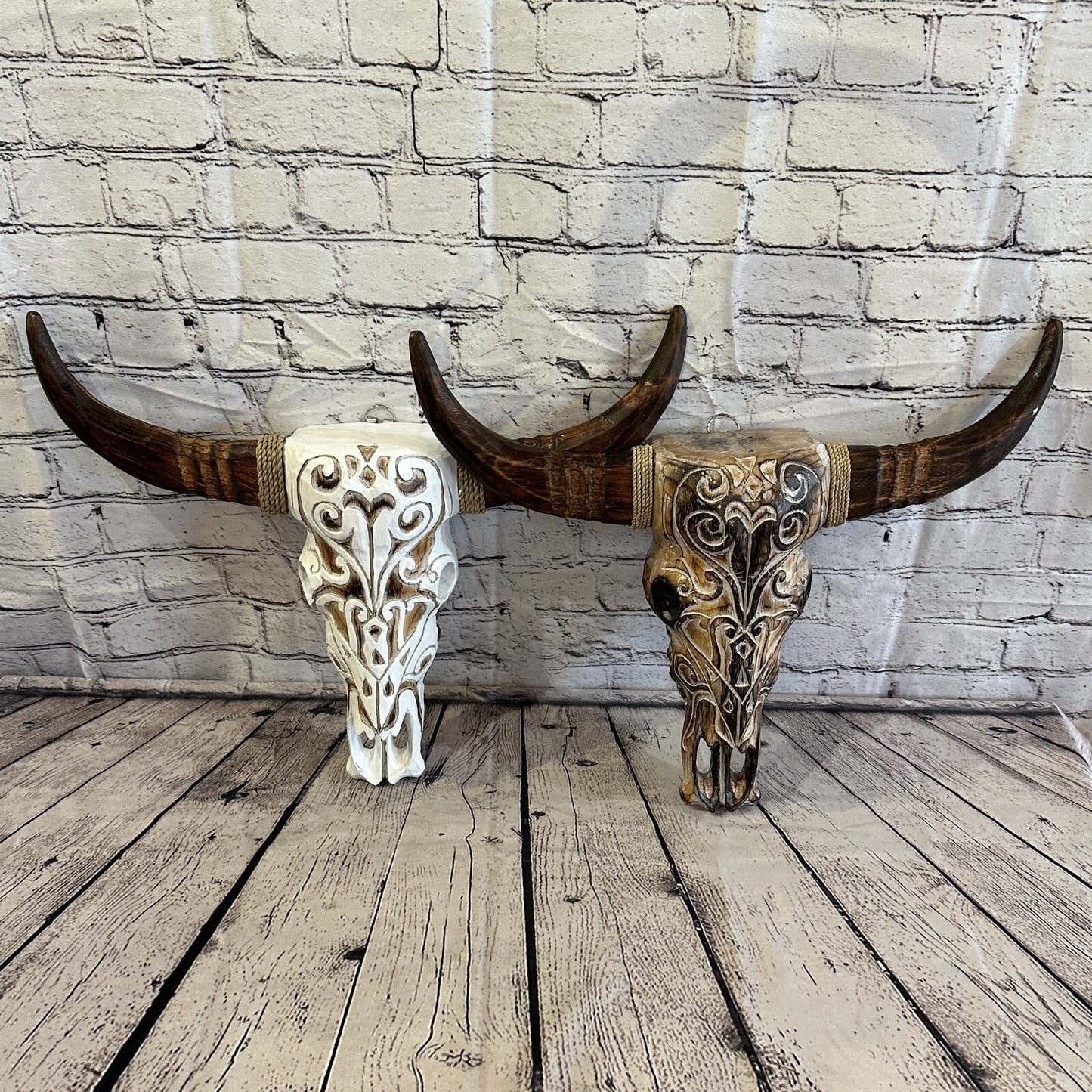 50cm x 40cm Brown Carved Wood Cow Bison Skull Head Wall Mounted Art Large Shabby