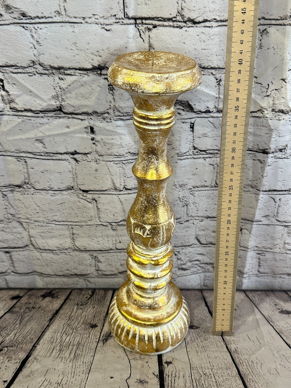 40cm Gold Tall Candlestick Shabby Chic Distressed Solid Column Candle Holder