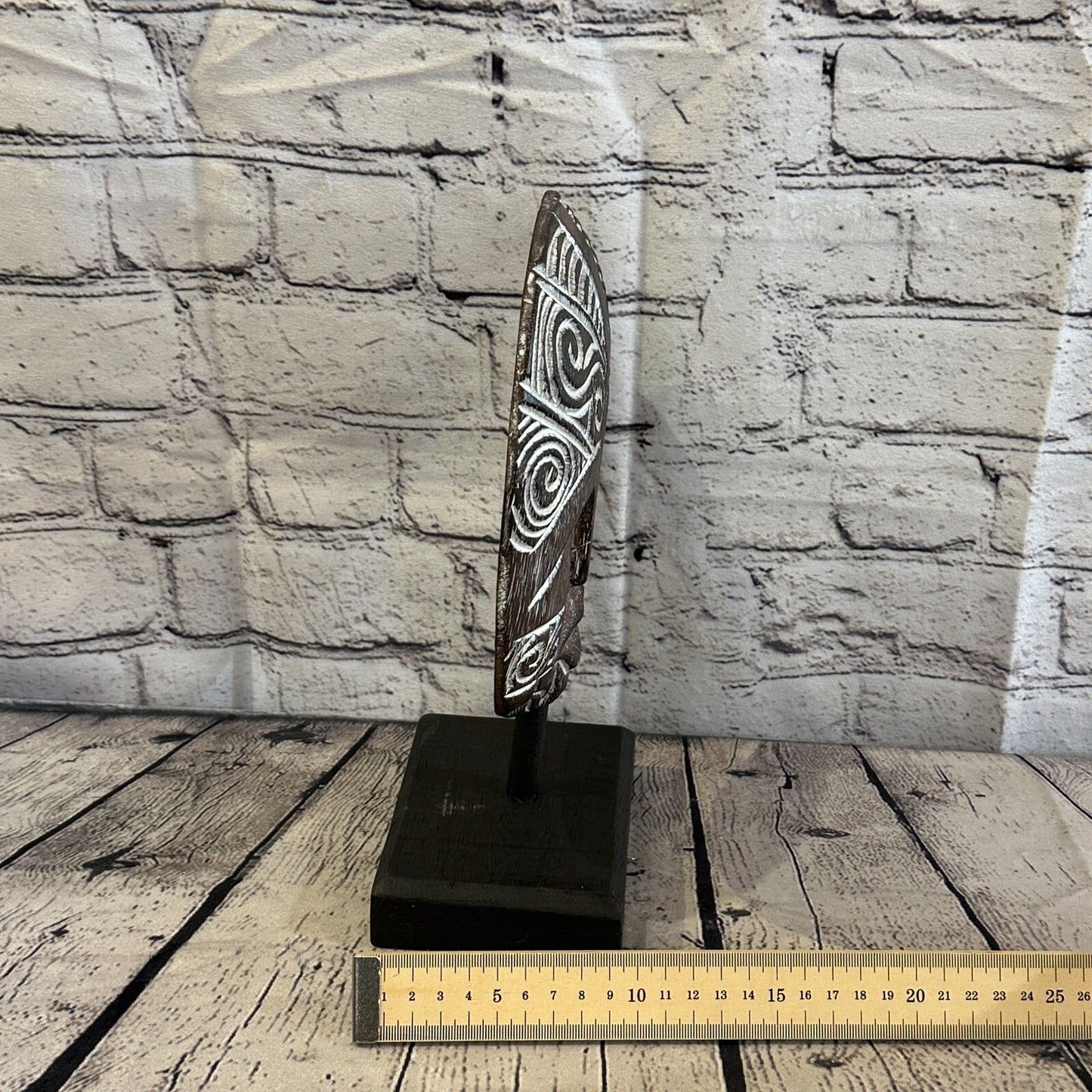 25cm x 20cm Wooden Tribal Primitive Black Mask Stand Sculpture Statue Art