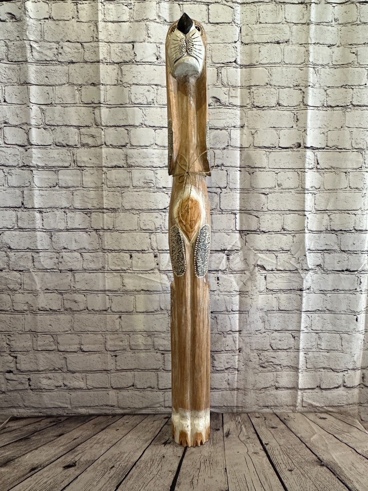 100cm Light Brown Flower Wooden Shabby Dog Statue Ornament Fair Trade Handcarved