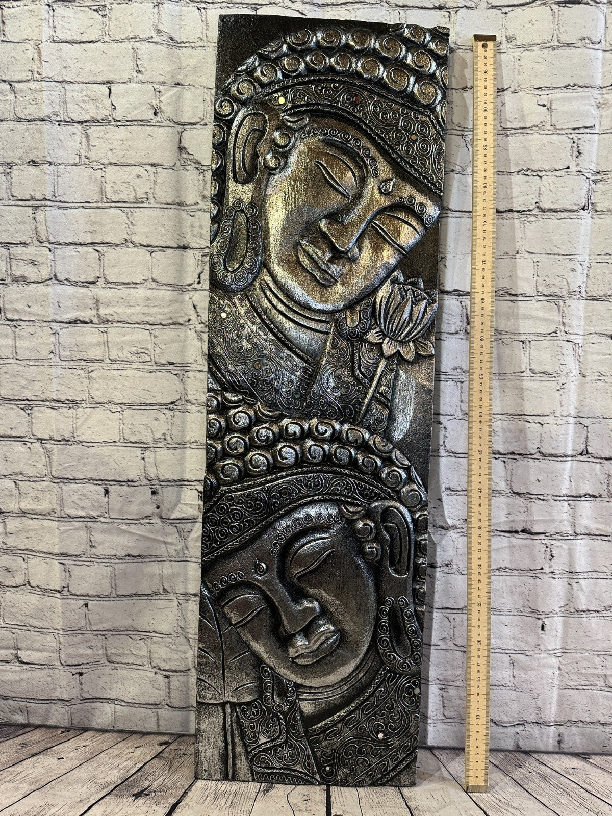 100cm x 30cm Tall Buddha 2 Faces Silver Wooden Wood Panel Wall Art Plaque