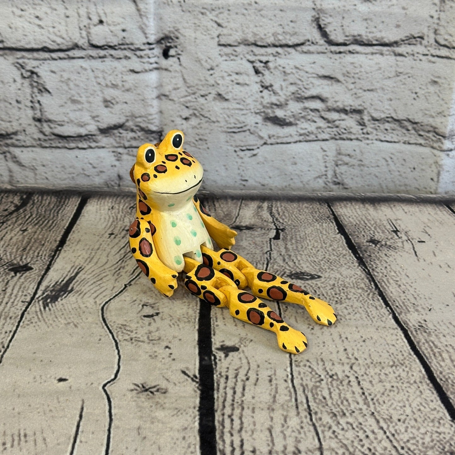 10cm Yellow Frog Sitting Animal, Wooden Shelf Ornament Handmade and Fairtrade