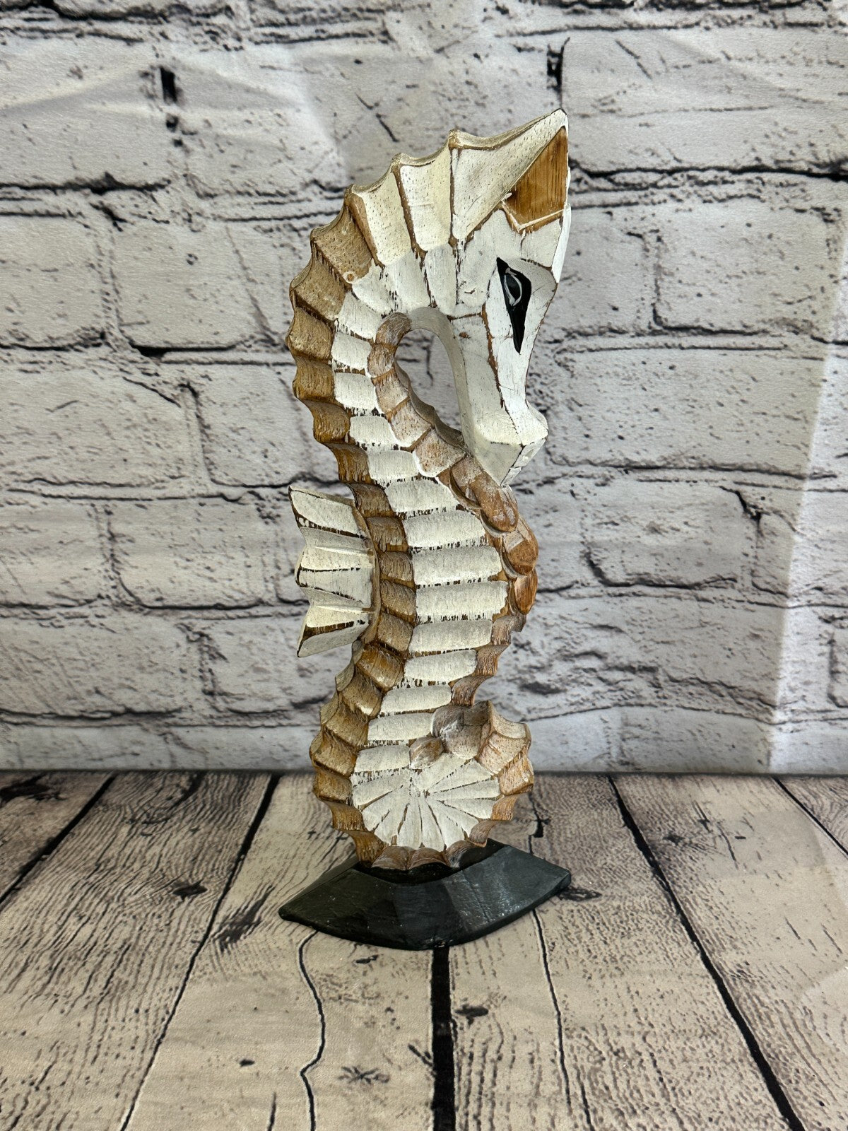 30cm White Brown Wooden Shabby Seahorse Statue Ornament Fair Trade Handcarved