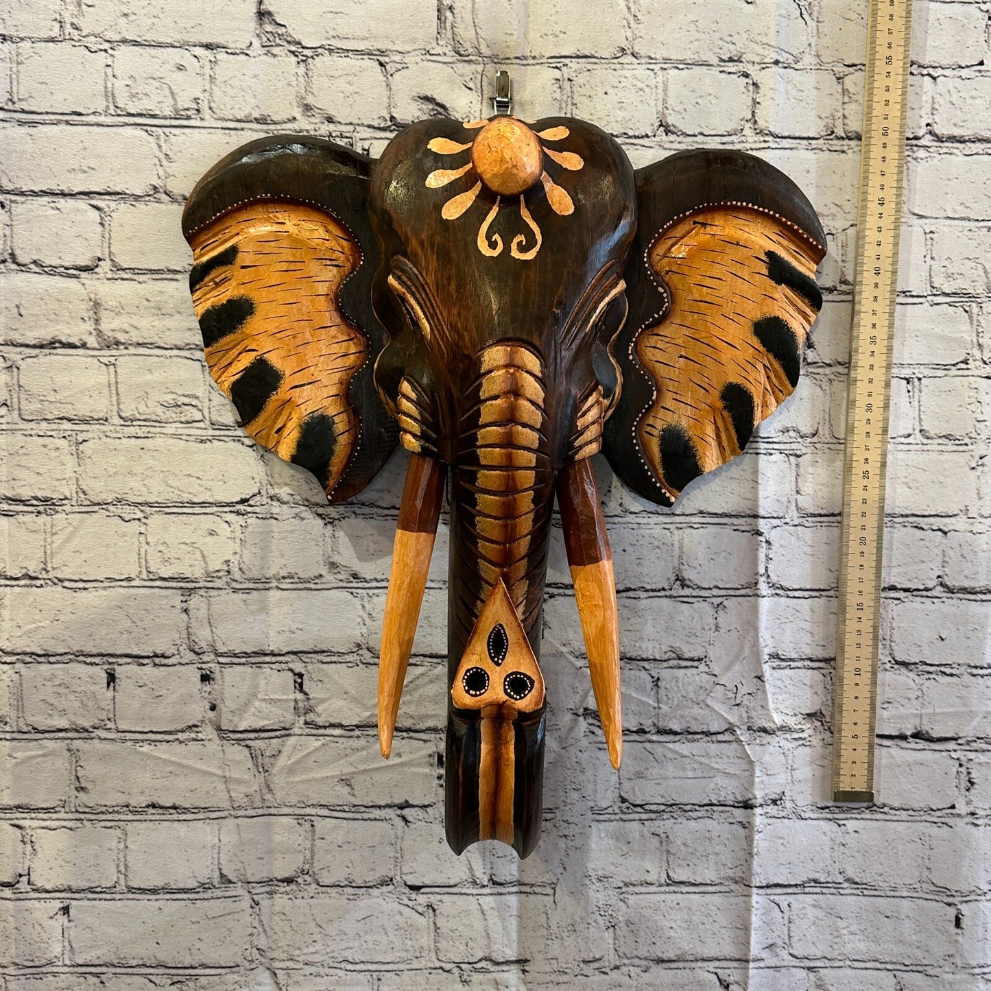 50cm x 45cm Brown Painted Wood Elephant Head Wall Mounted Art Large Shabby