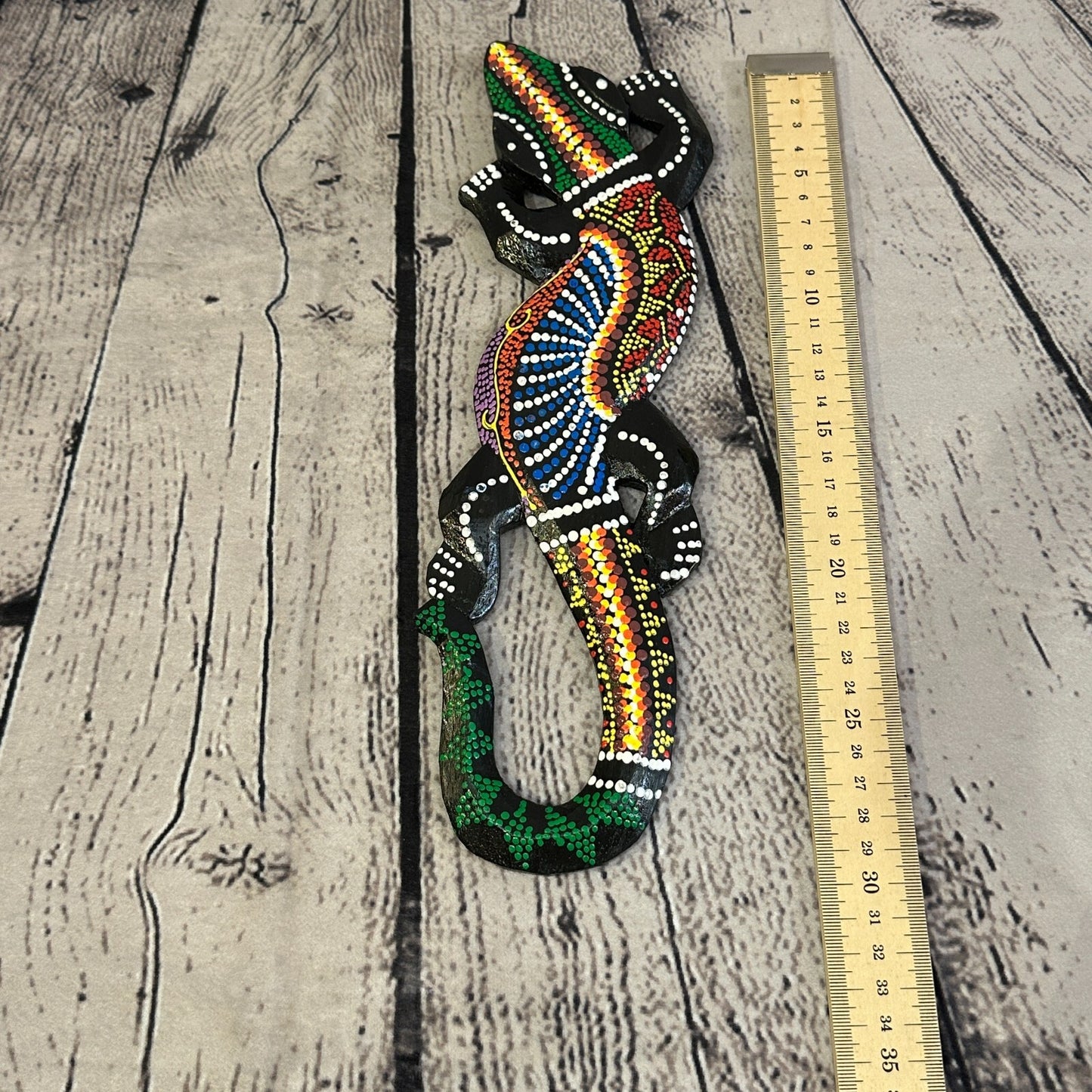 30cm Gecko Carved Wooden Dot Painted Ethnic Tribal Tiki Wall Handmade No 3