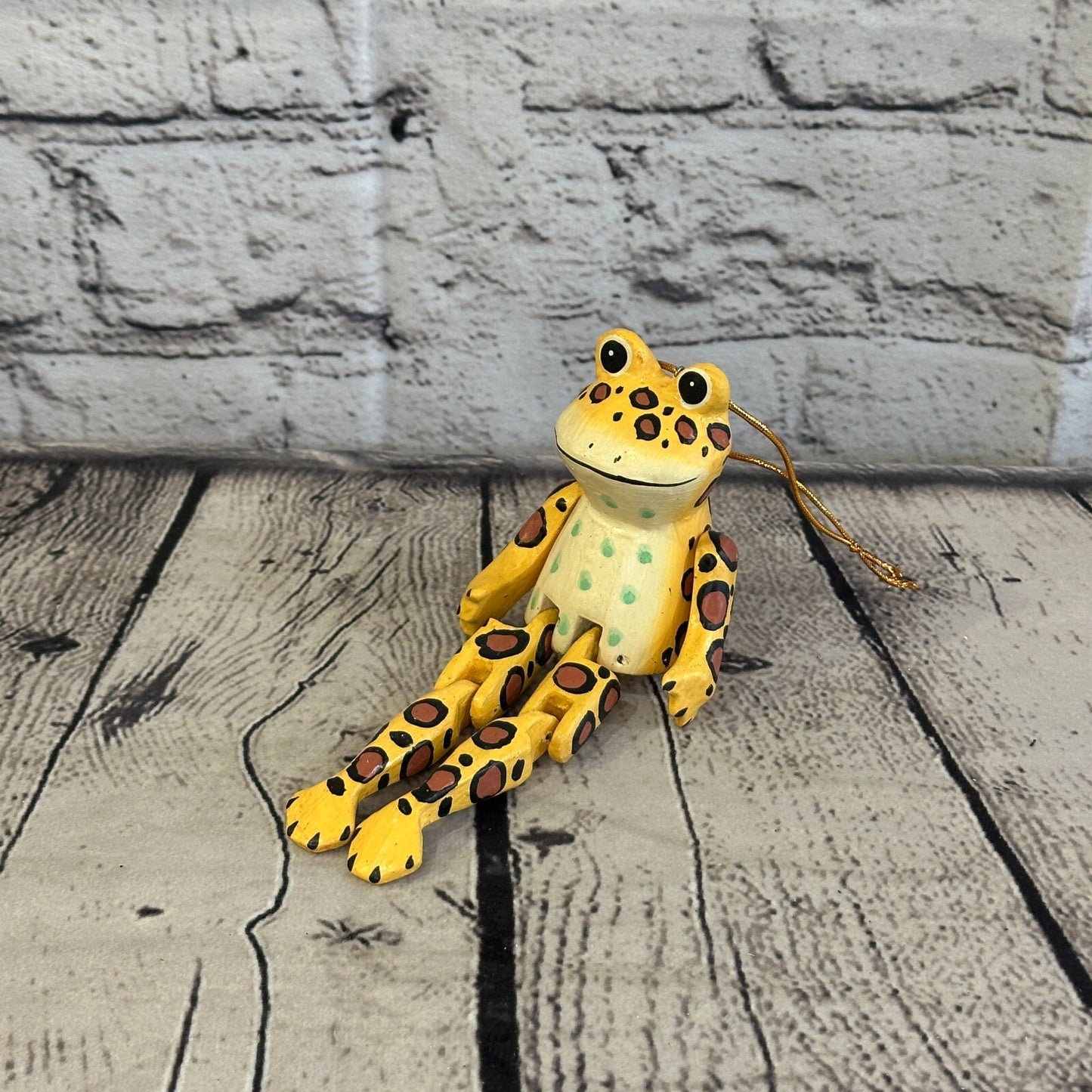 10cm Yellow Frog Sitting Animal, Wooden Shelf Ornament Handmade and Fairtrade