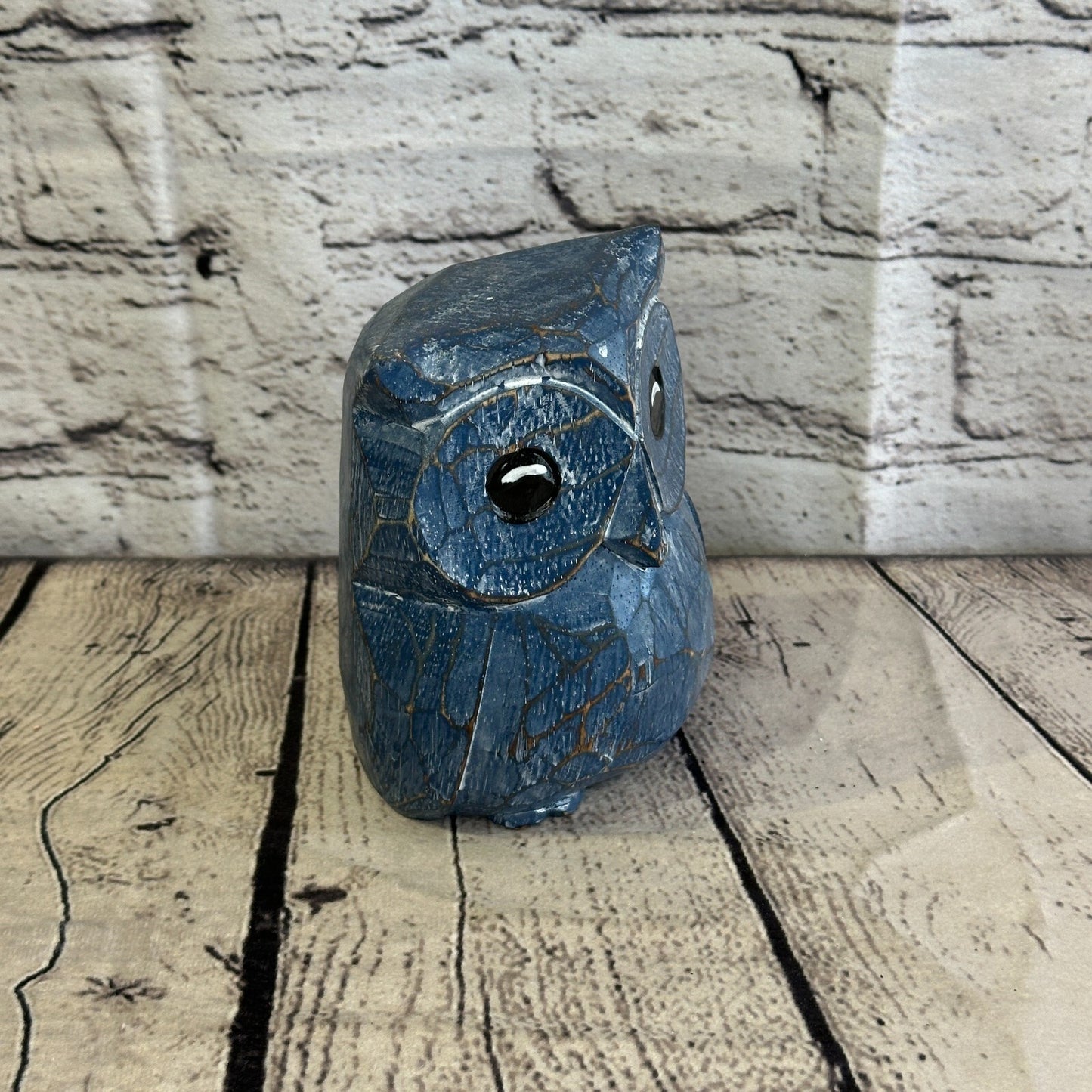 12cm x 10cm Blue Flower Wooden Shabby Owl Statue Ornament Fair Trade Handcarved