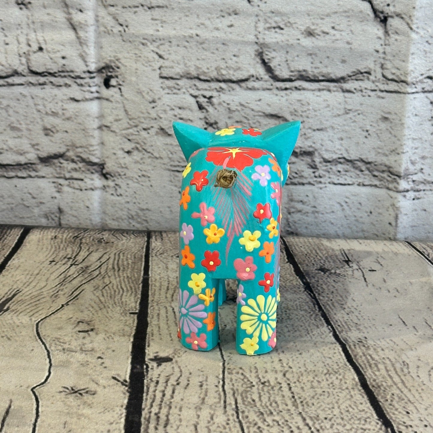 Blue Small Wooden Cat With Flower Pattern 10cm x 8cm Handmade and Fairtrade