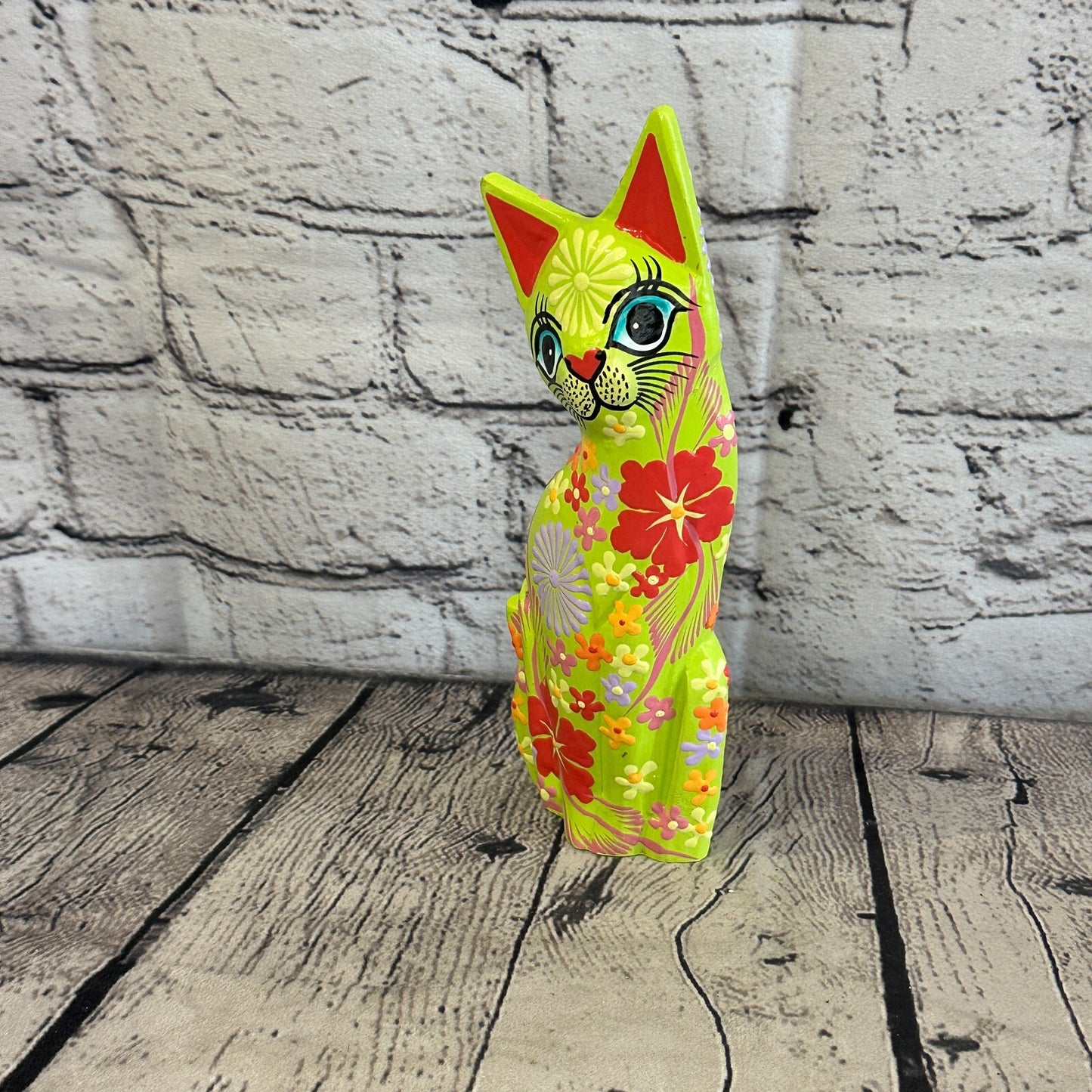 Green Flat Back Wooden Cat With Flower Pattern 20cm x 8cm Handmade and Fairtrade