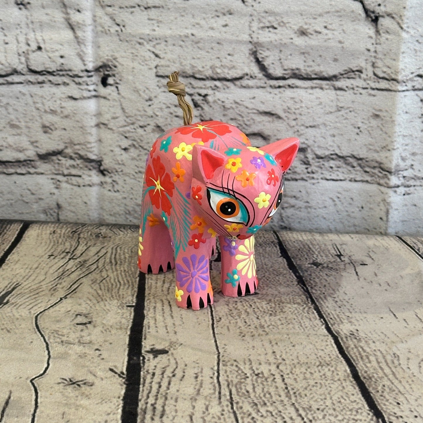 Pink Small Wooden Cat With Flower Pattern 10cm x 8cm Handmade and Fairtrade