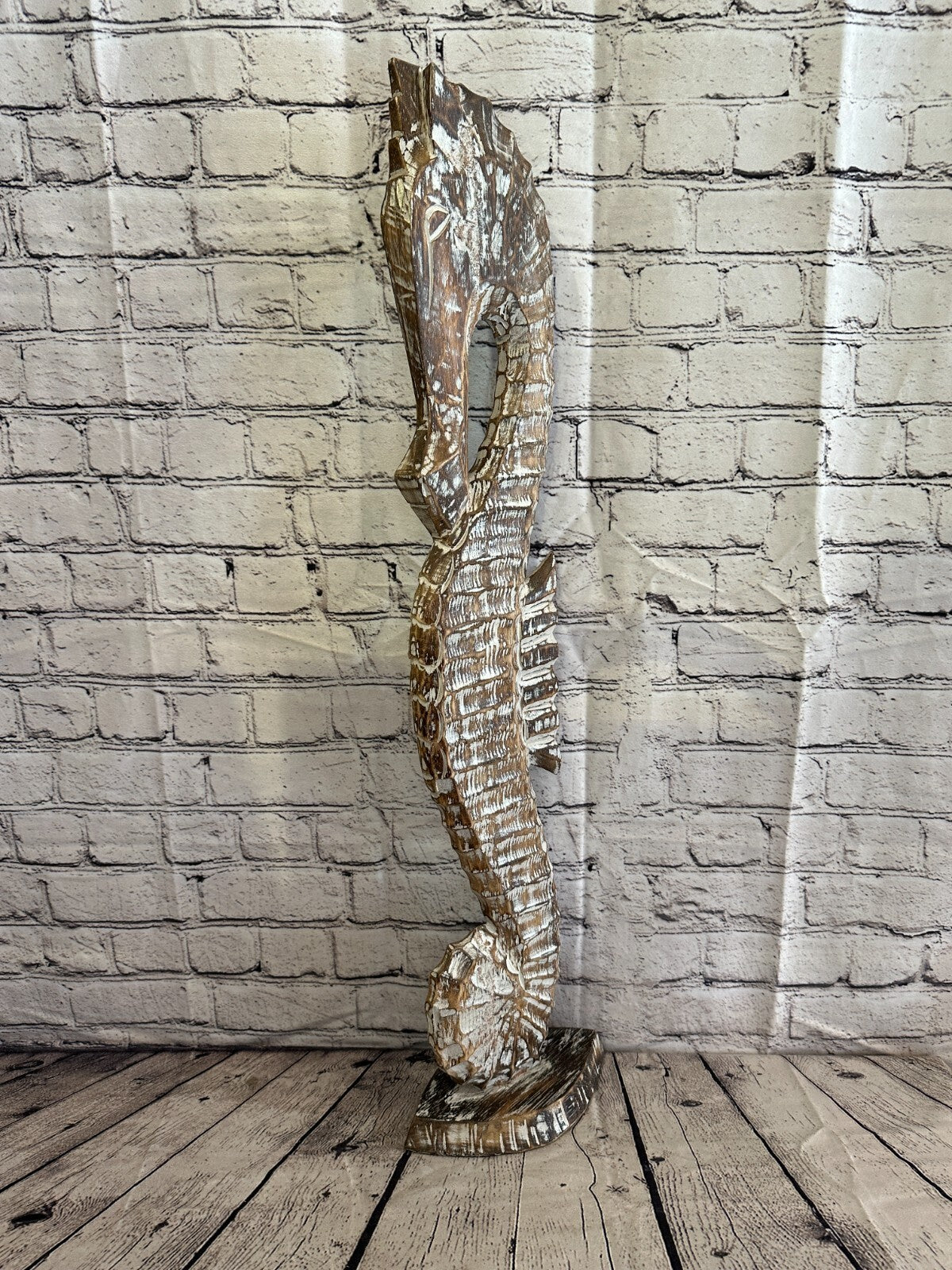 80cm Brown Plain Wooden Shabby Seahorse Statue Ornament Fair Trade Handcarved