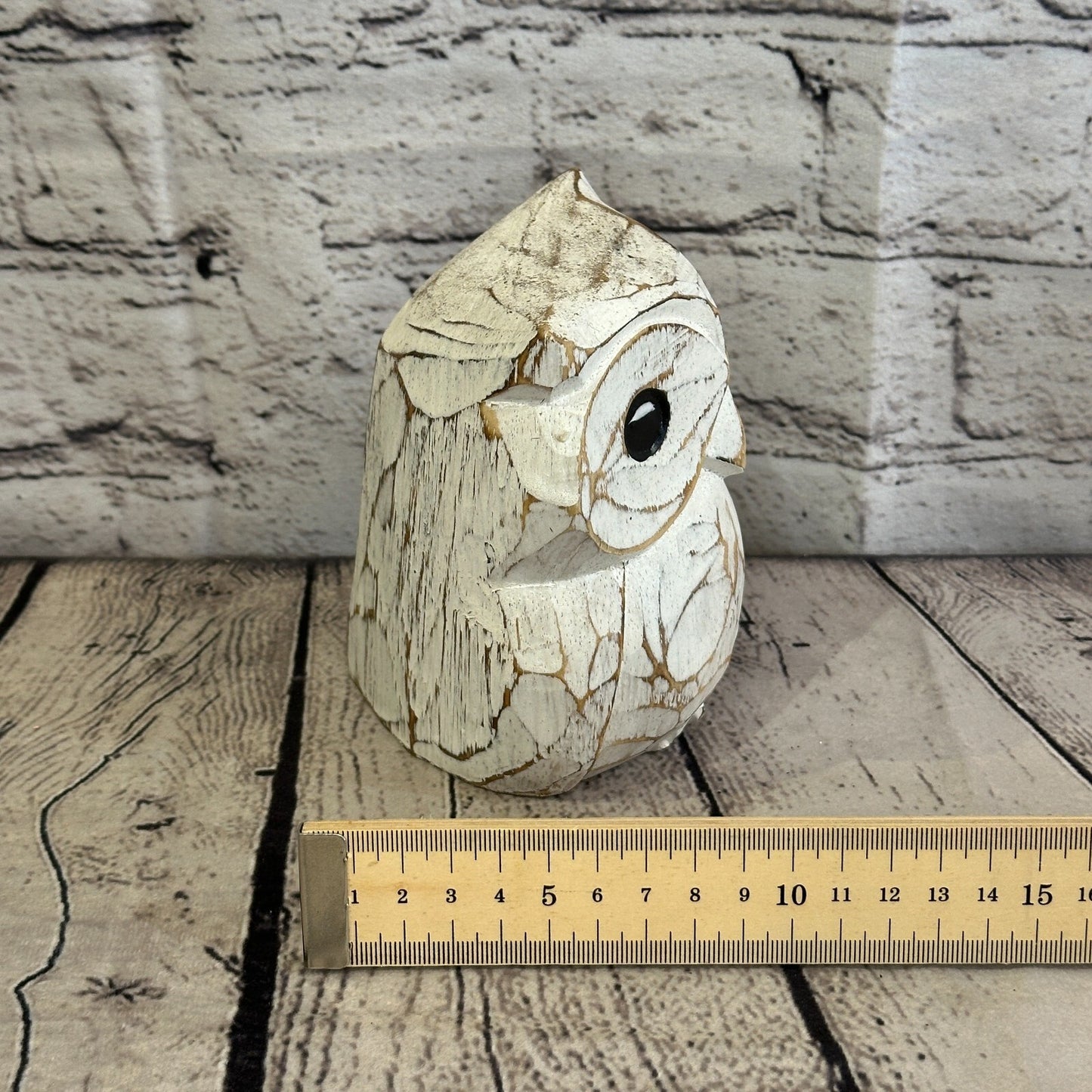 12cm x 10cm White Flower Wooden Shabby Owl Statue Ornament Fair Trade Handcarved