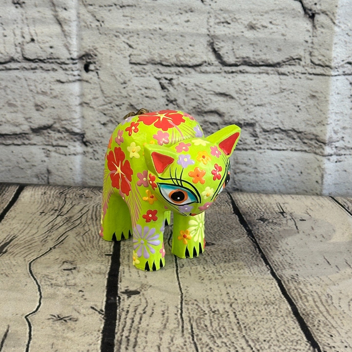 Green Small Wooden Cat With Flower Pattern 10cm x 8cm Handmade and Fairtrade