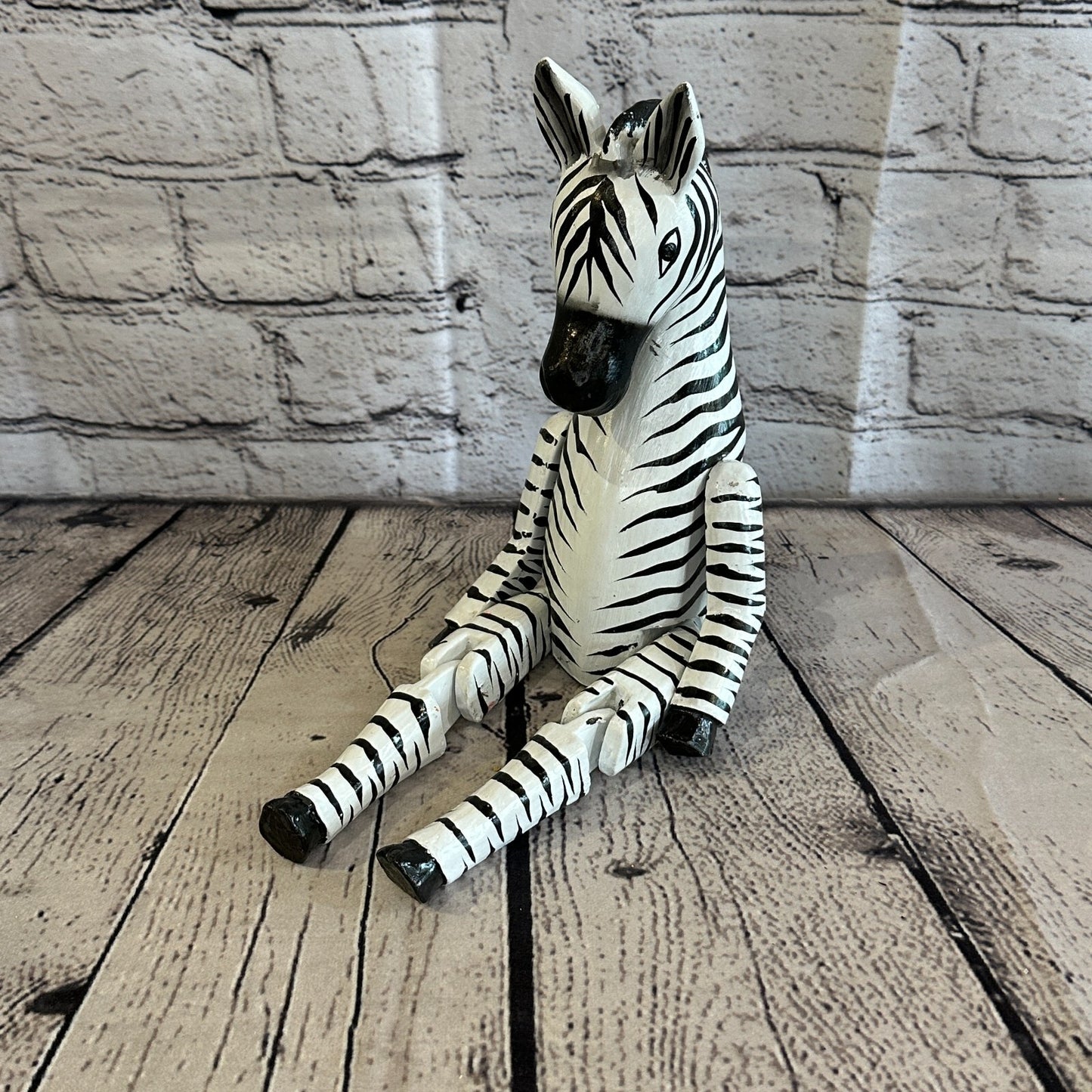 20cm Black Zebra Sitting Animal, Wooden Shelf Ornament Handmade & Fairtrade