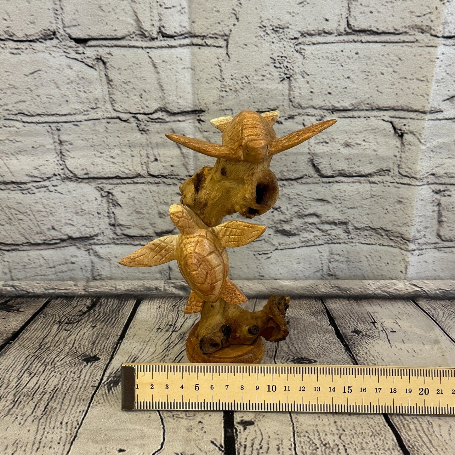 20cm Double Turtle Mushroom Parasite Ornament Natural Carving Fairtrade Wooden