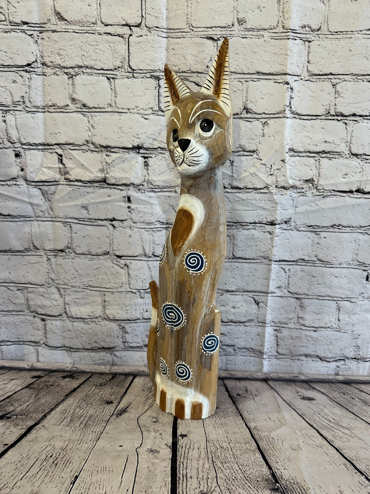 50cm Light Brown Flower Wooden Shabby Cat Statue Ornament Fair Trade Handcarved