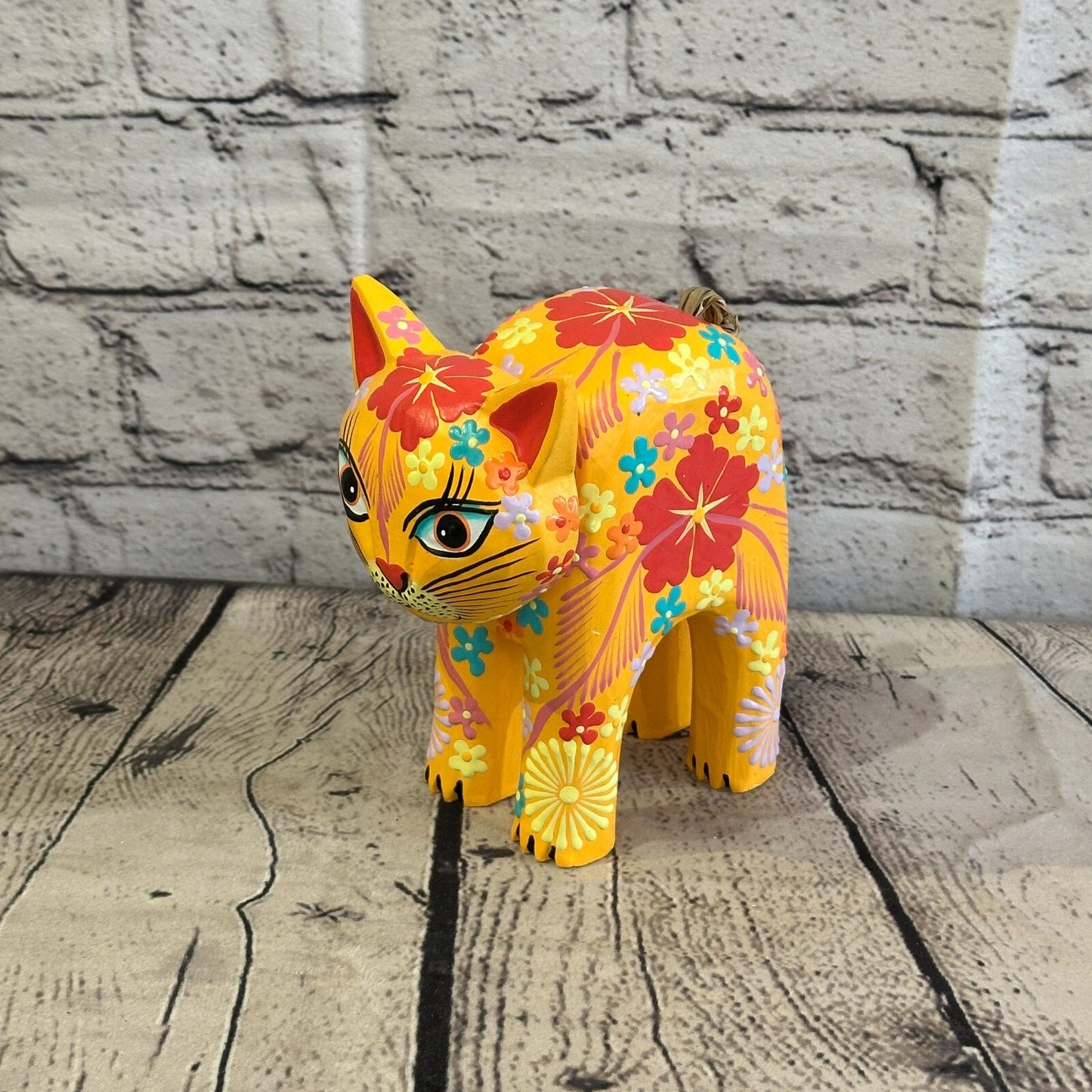 Orange Large Wooden Cat With Flower Pattern 15cm x 10cm Handmade and Fairtrade