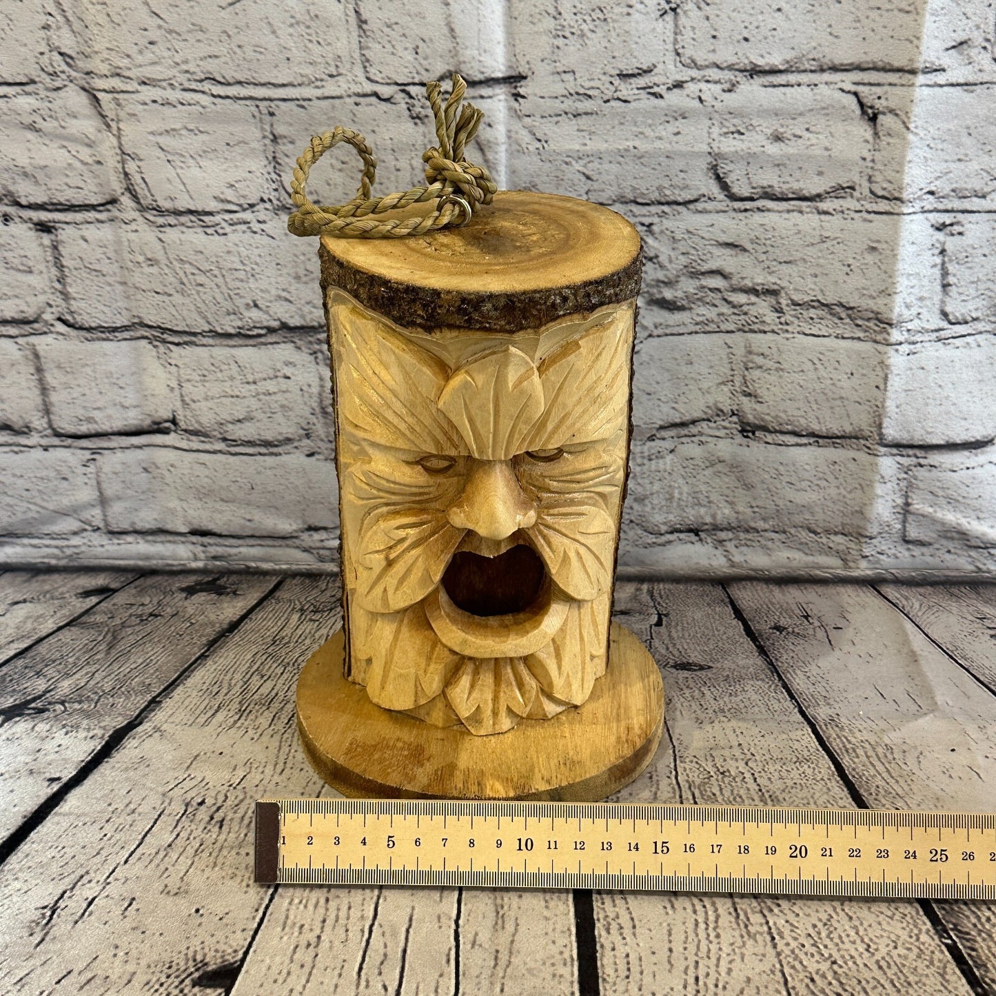 Bird House Green Man Of The Woods 25cm Hand Carved Tree Trunk Wood Fairtrade