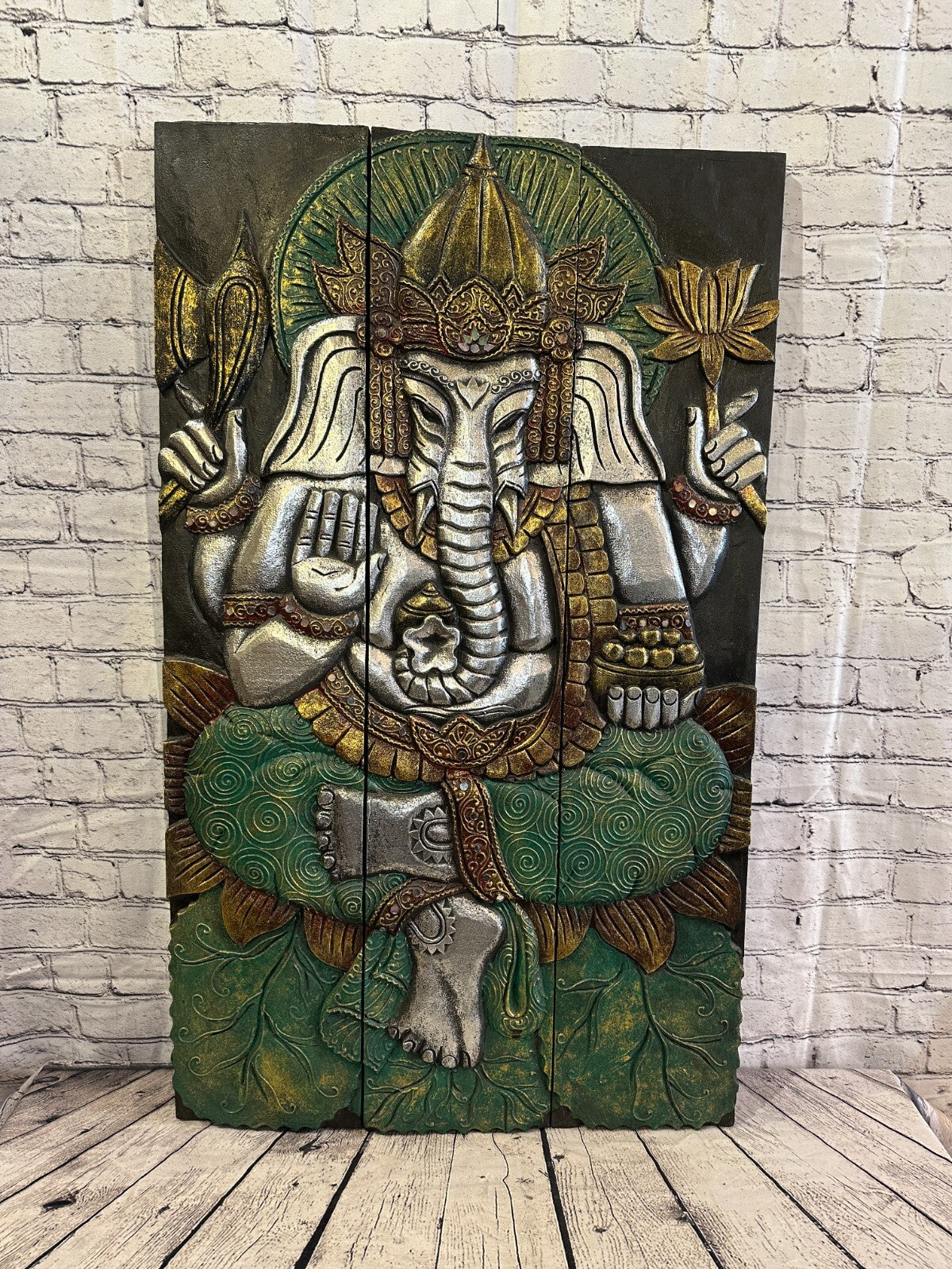100cm x 60cm Ganesh Colourful Panel Wooden Wood Panel Wall Art Plaque Handcarved