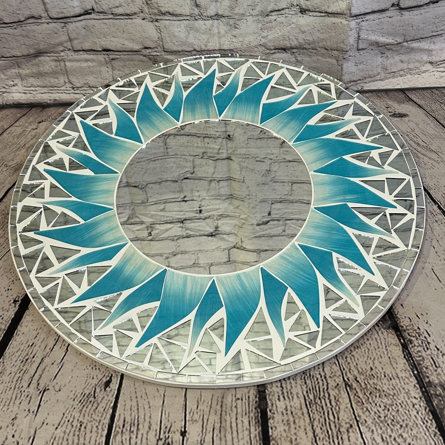 Turquoise Blue Flame Sun Mosaic Tile Wall Mirror 50cm x 50cm 20 Inches Handmade