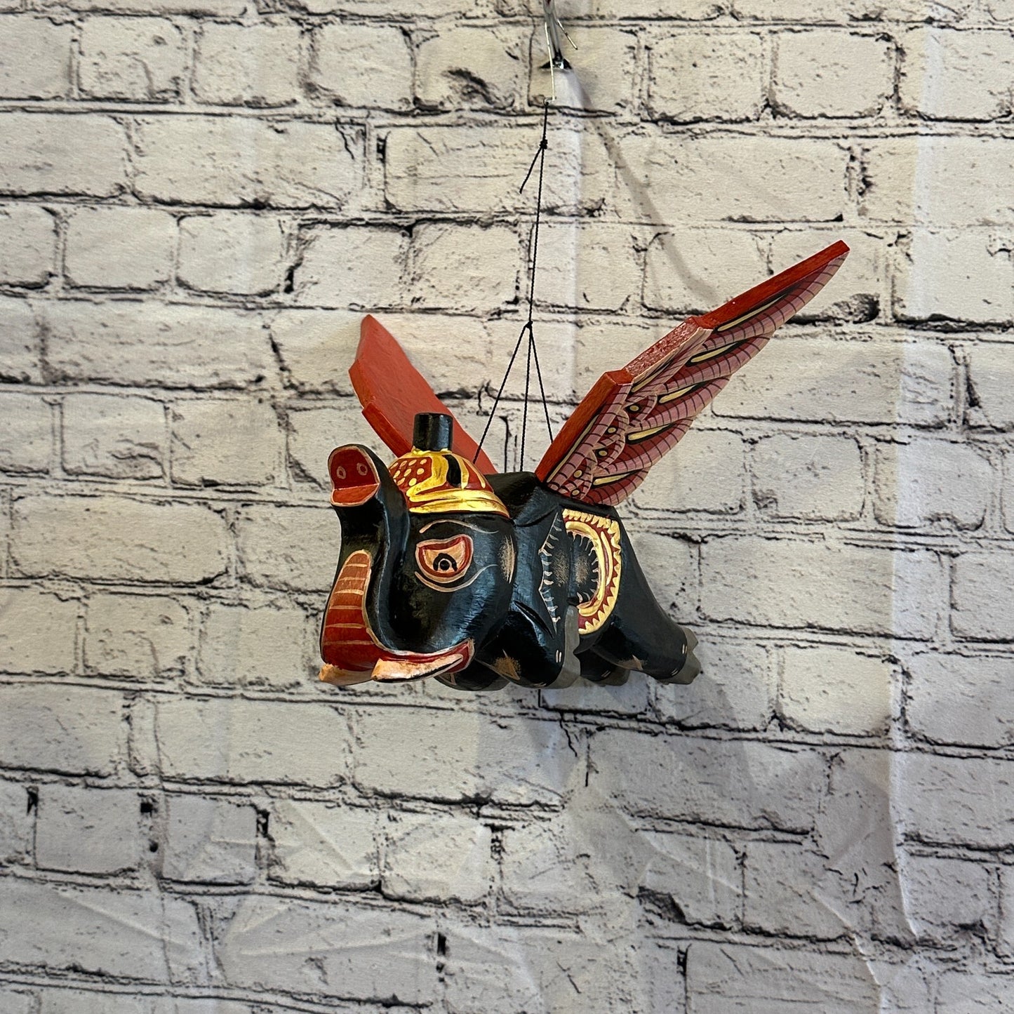 Black Elephant Folk Art Carved Wood Flying Winged Mobile Spirit Chaser Guardian