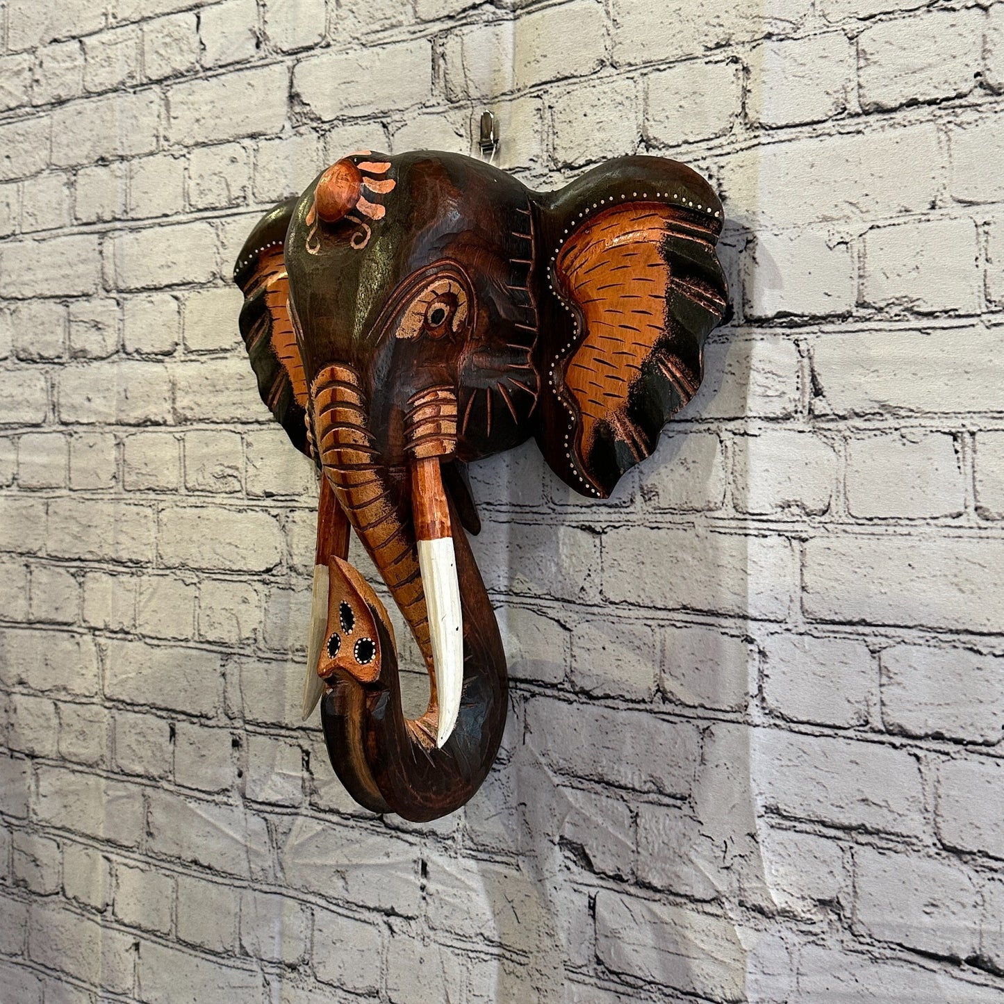 45cm x 35cm Brown Painted Wood Elephant Head Wall Mounted Art Large Shabby