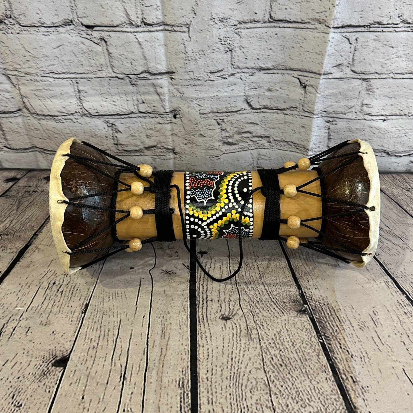 32cm Two Ended Wooden Djembe Bongo Painted African Influenced Drum High Handmade