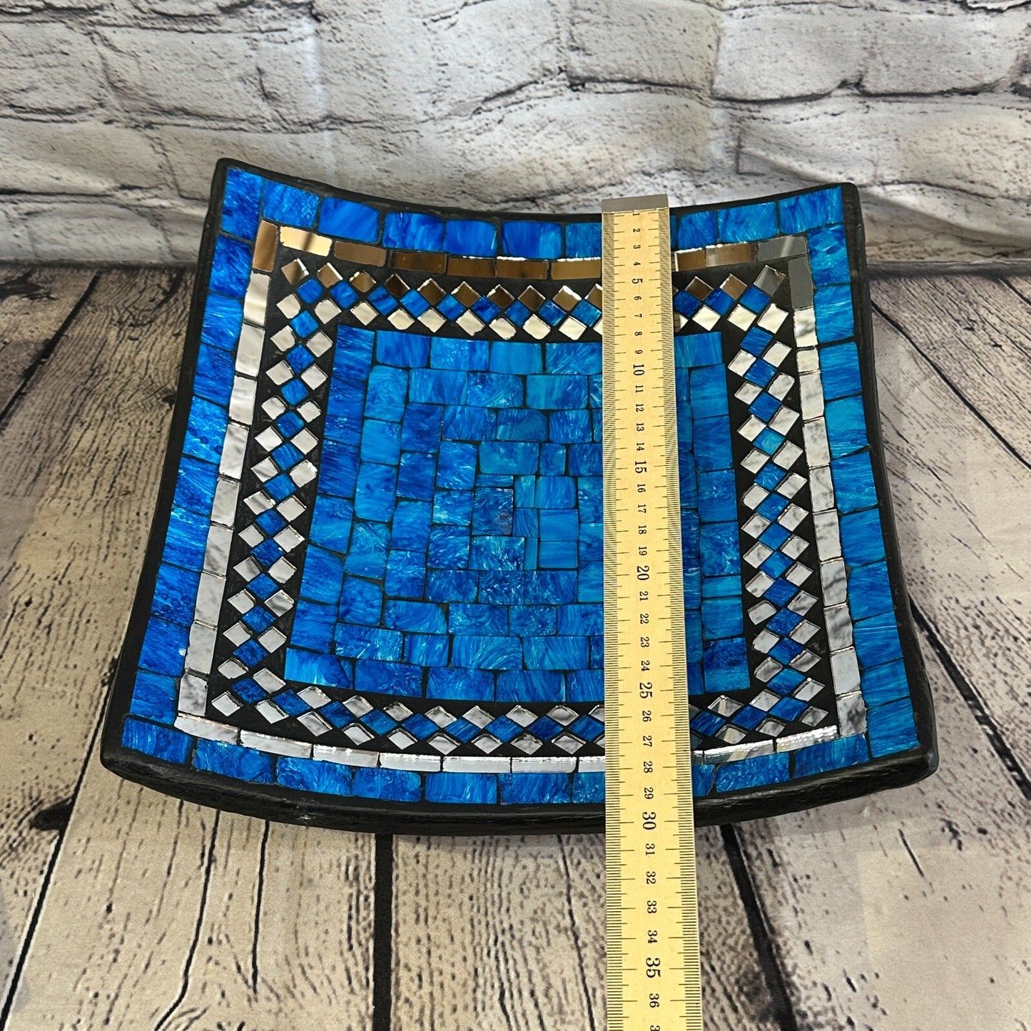 30cm Blue Square Mosaic Handmade Ceramic Glass Tile Bowl Fruit