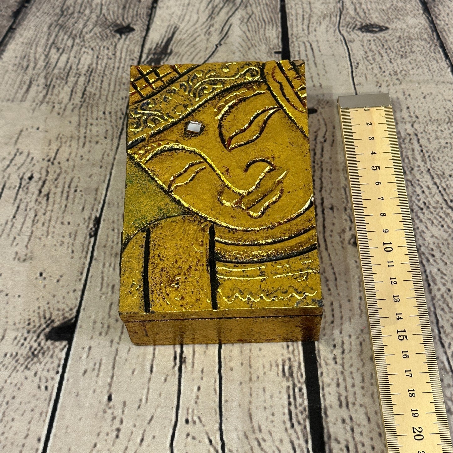 Bright Gold Thai Buddha Head 10cm x 15cm x 4cm Wooden Box Trinket Handmade