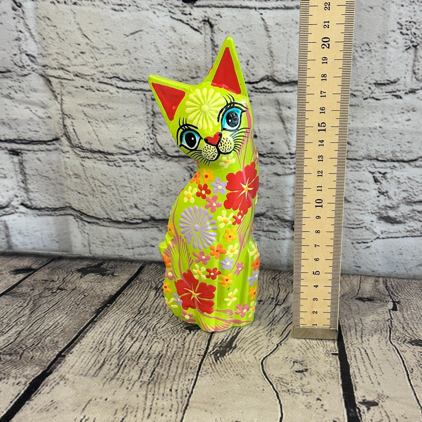 Green Flat Back Wooden Cat With Flower Pattern 20cm x 8cm Handmade and Fairtrade