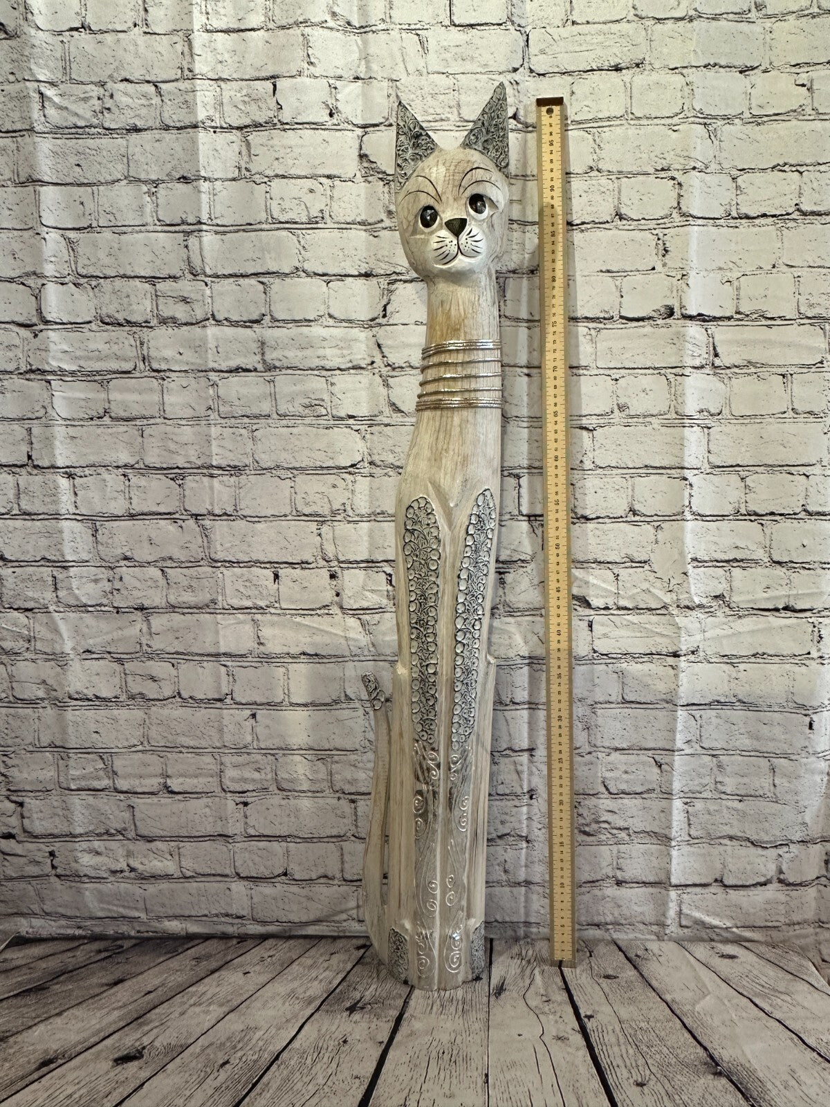 100cm White Swirl Flower Wooden Shabby Cat Statue Ornament Fair Trade Handcarved