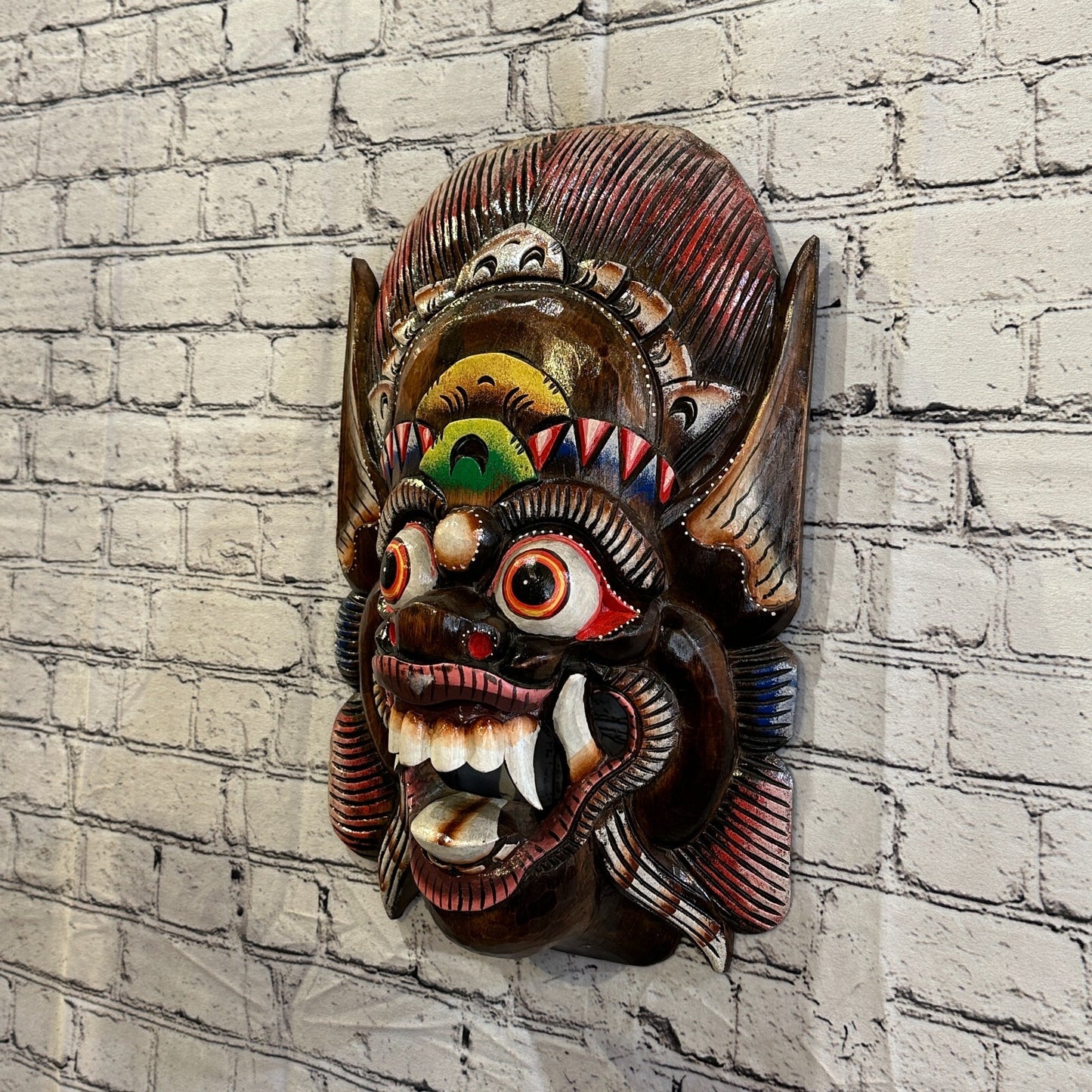 Large Wooden Brown Barong Wall Mask 50cm x 30cm Handmade And Fairtrade