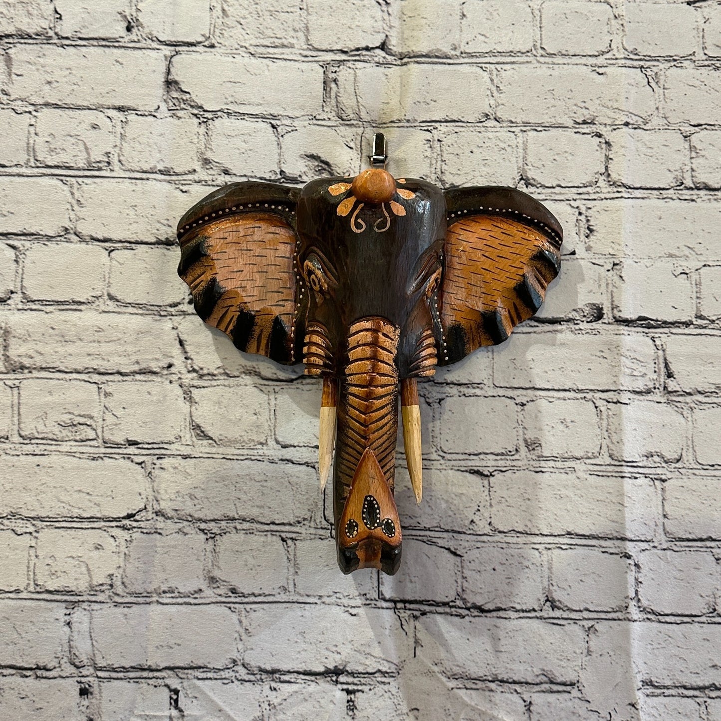 30cm x 30cm Brown Painted Wood Elephant Head Wall Mounted Art Large Shabby