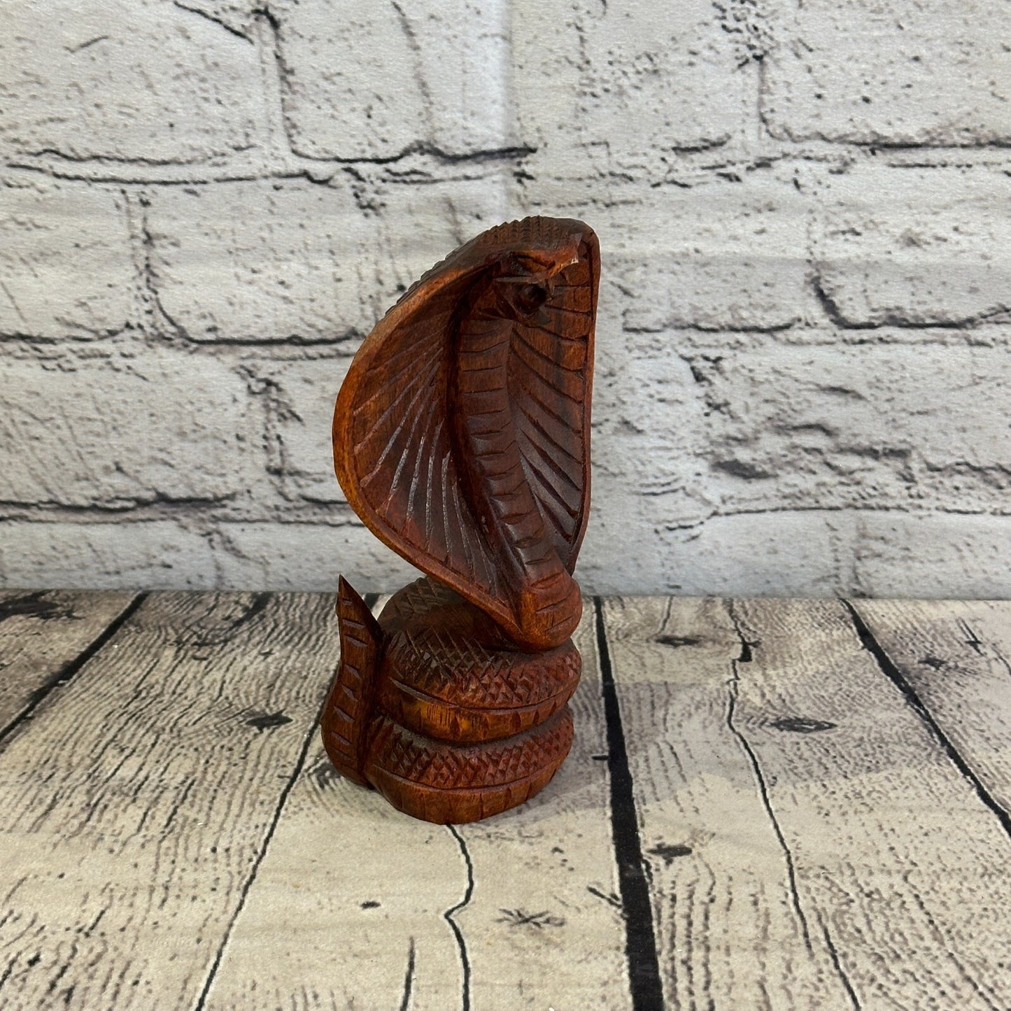 15cm x 8cm Solid Wood Cobra Carving Sculpture Decor Statue Snake Oriental Cobra