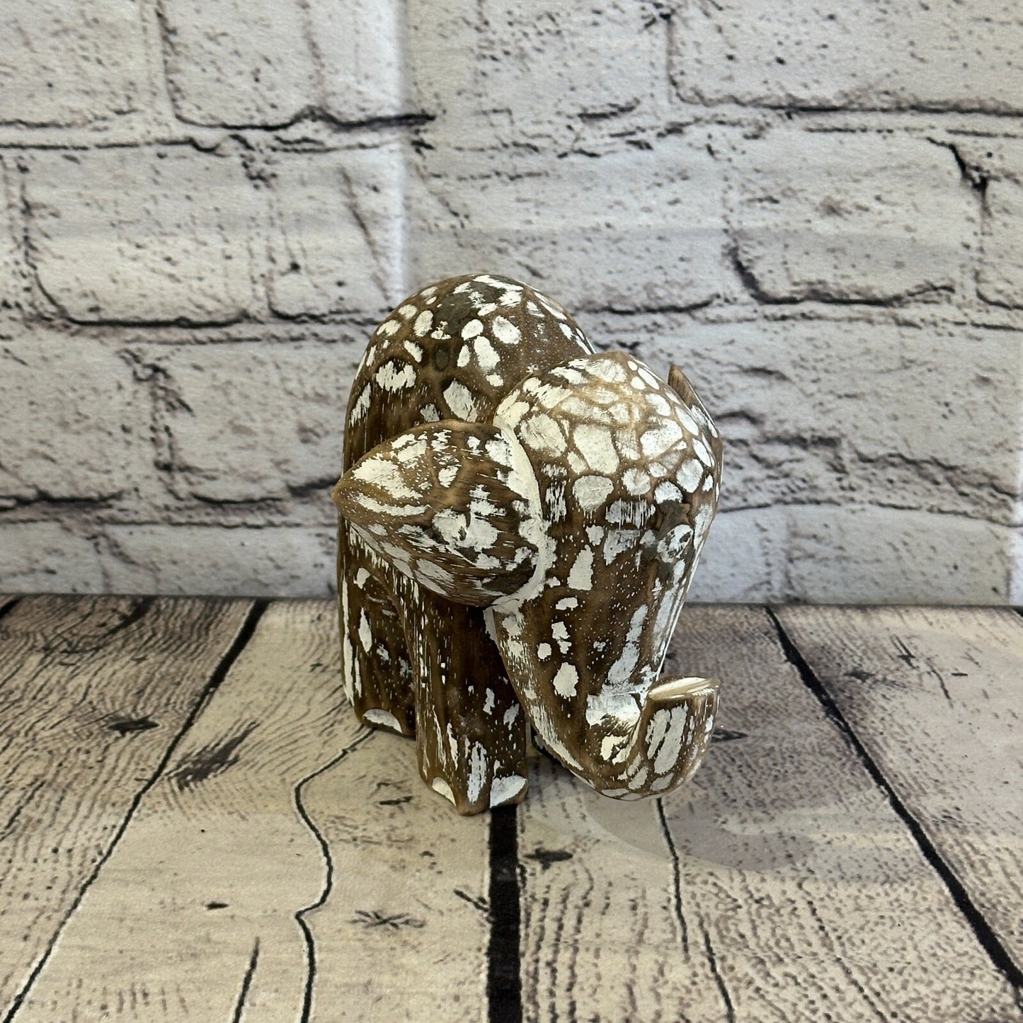 Brown Wooden Elephant With Shabby Pattern 12cm x 12cm Handmade and Fairtrade