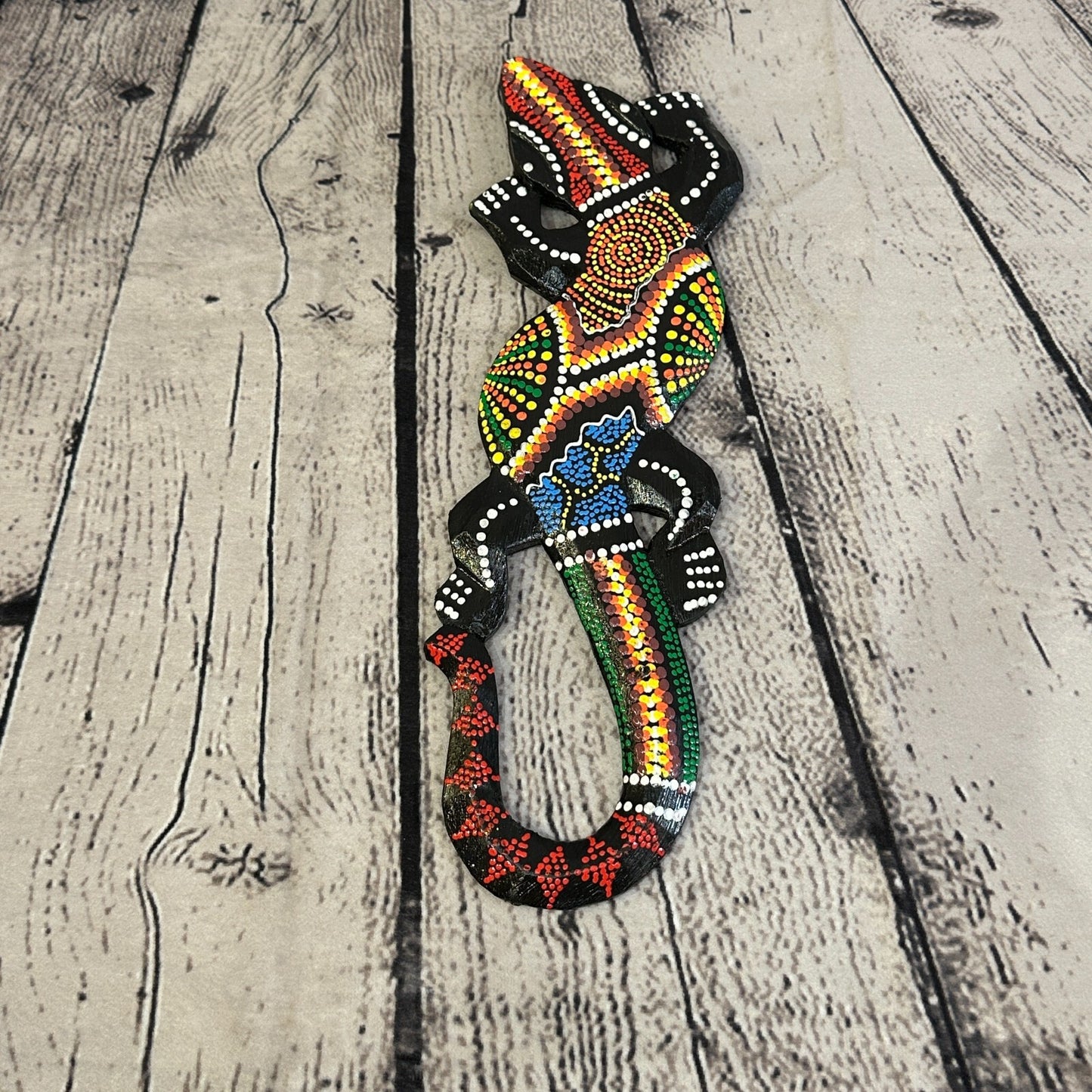 30cm Gecko Carved Wooden Dot Painted Ethnic Tribal Tiki Wall Handmade No 6