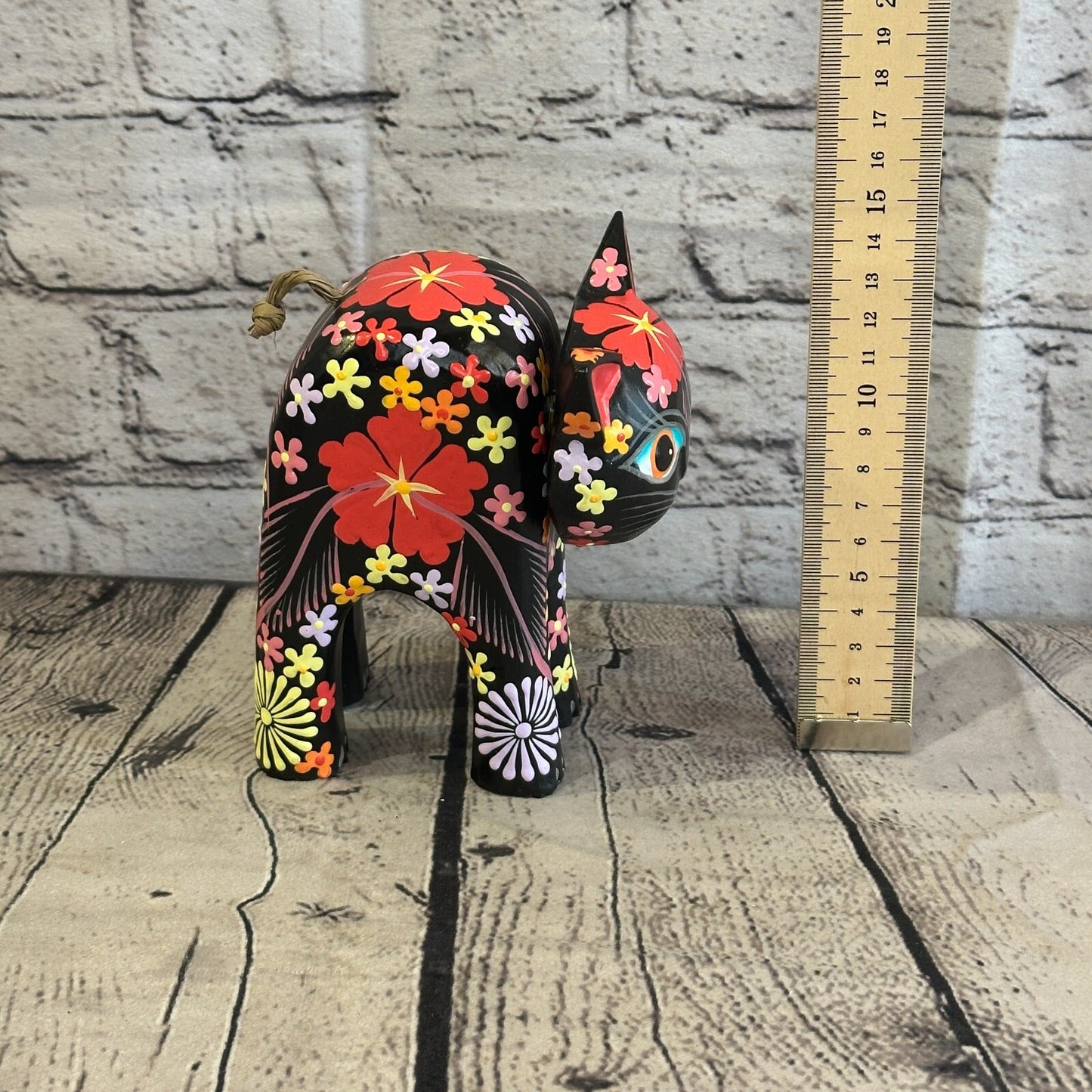 Black Large Wooden Cat With Flower Pattern 15cm x 10cm Handmade and Fairtrade