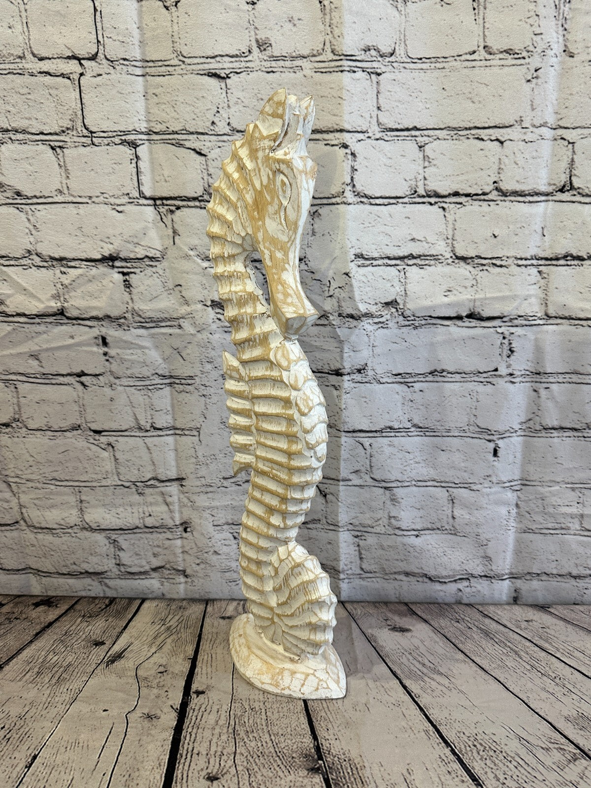 50cm White Plain Wooden Shabby Seahorse Statue Ornament Fair Trade Handcarved