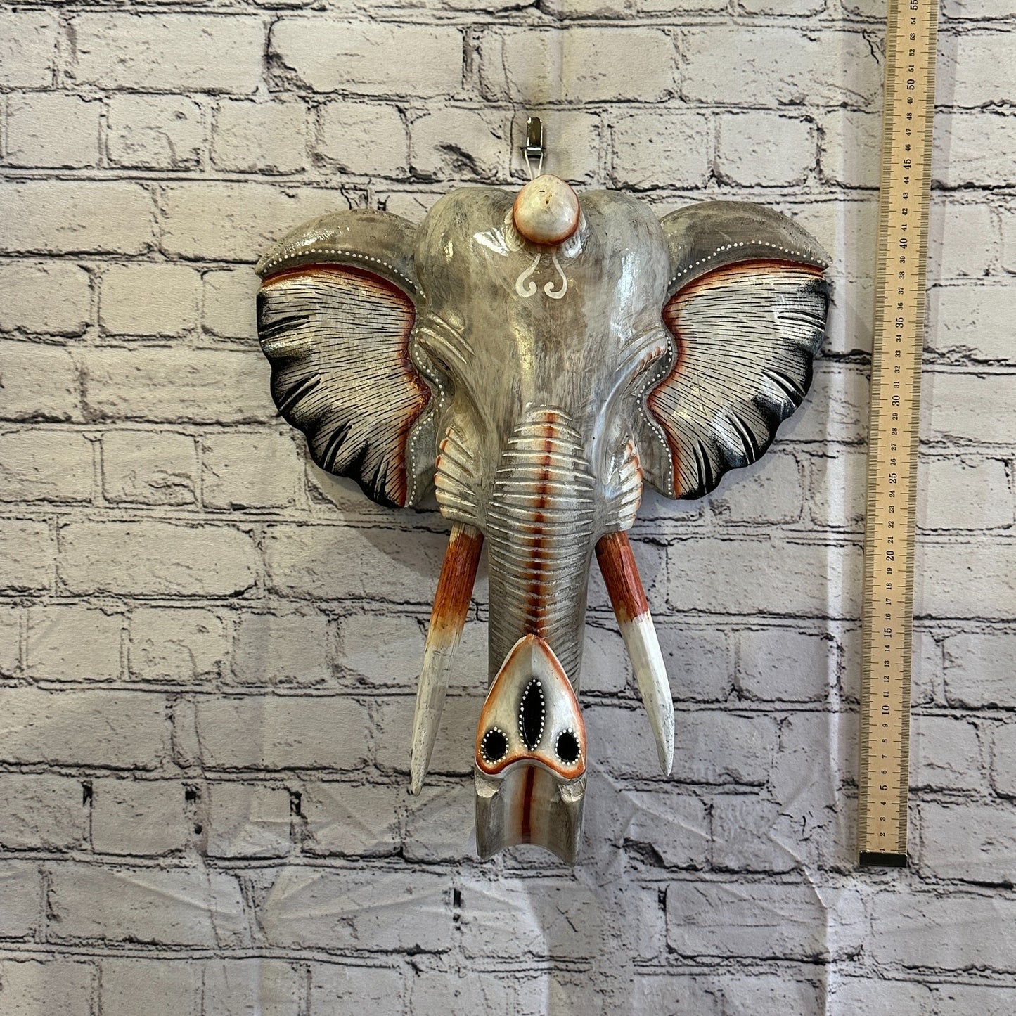45cm x 35cm Grey Painted Wood Elephant Head Wall Mounted Art Large Shabby