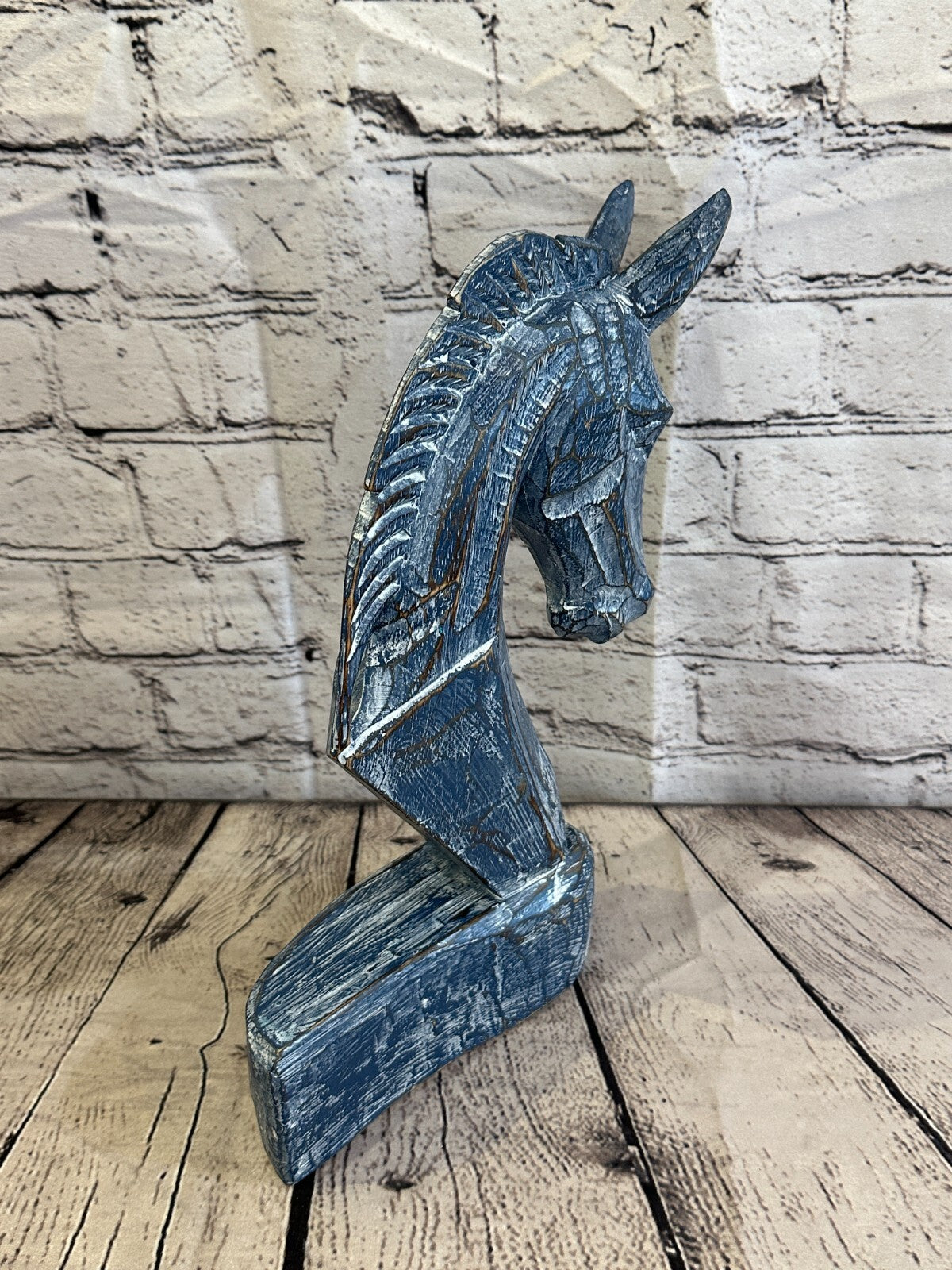 Blue Wooden 30cm x 18cm Horse Head Bust Hand Carved Wood Sculpture