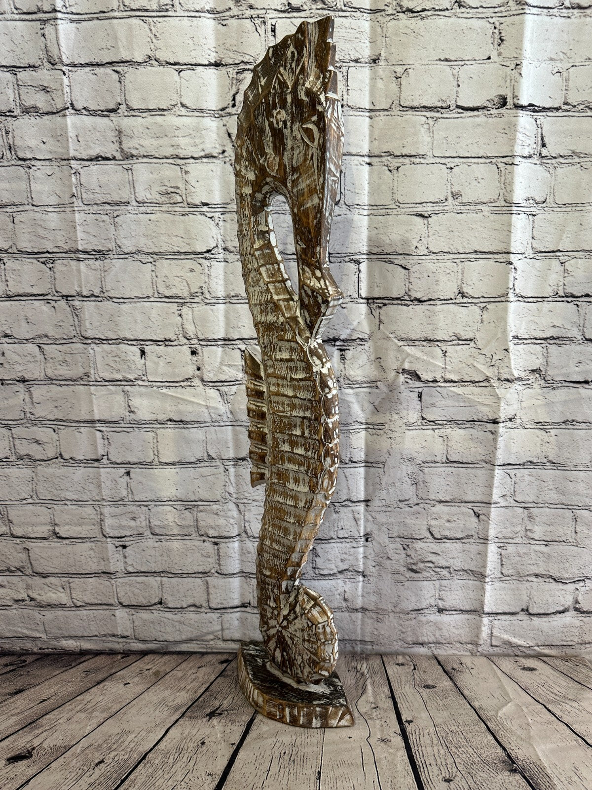 80cm Brown Plain Wooden Shabby Seahorse Statue Ornament Fair Trade Handcarved