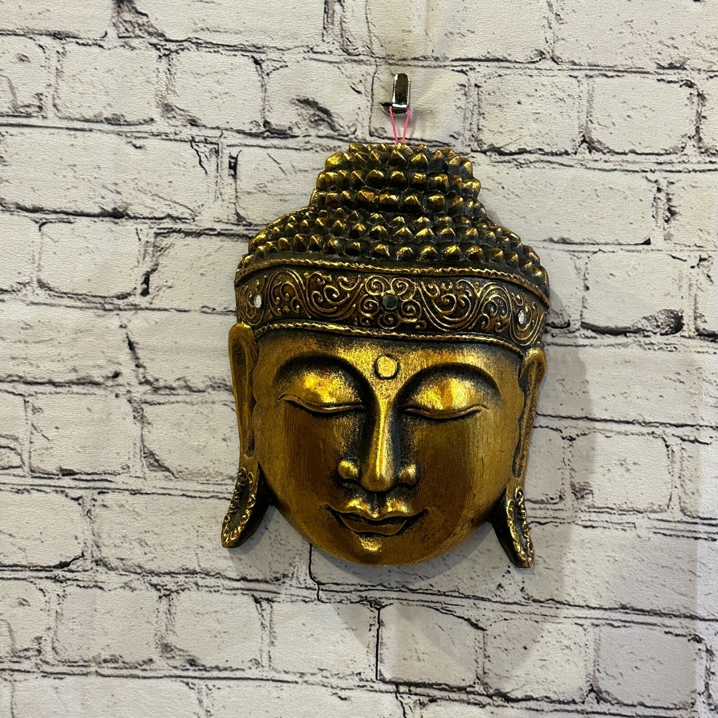 25cm Gold Buddha Head Mask Wooden Hanging Statue Figurine Ornament Fair Trade