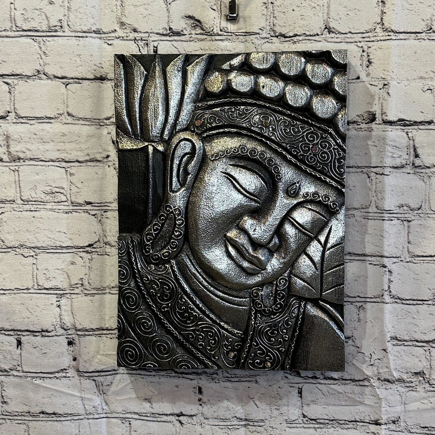 Wooden Wood Panel 40cm Brown Silver Buddha Tall Lotus Wall Art Plaque Handcarved