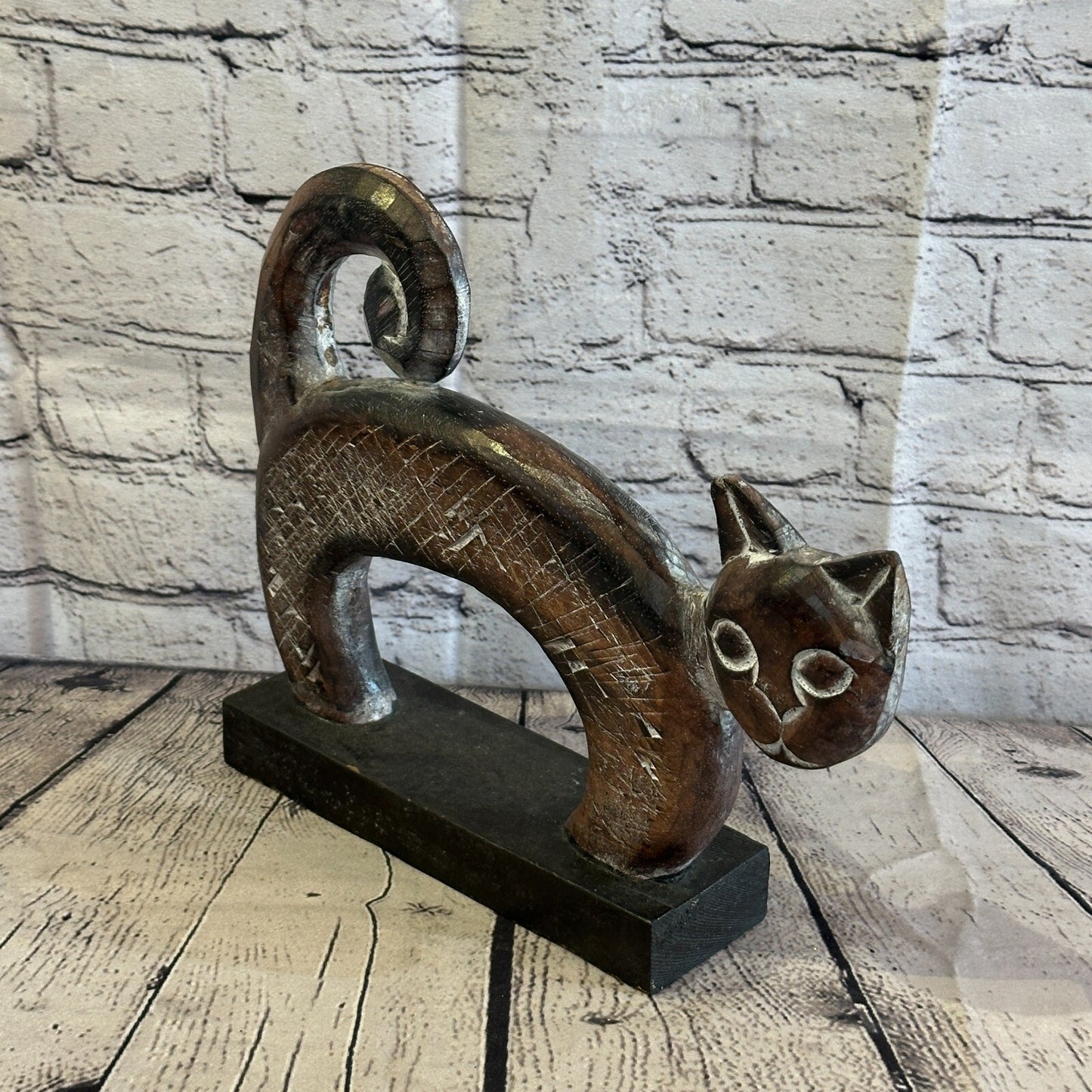 28cm x 25cm Wooden Tribal Primitive Black Cat Stand Sculpture Statue Art