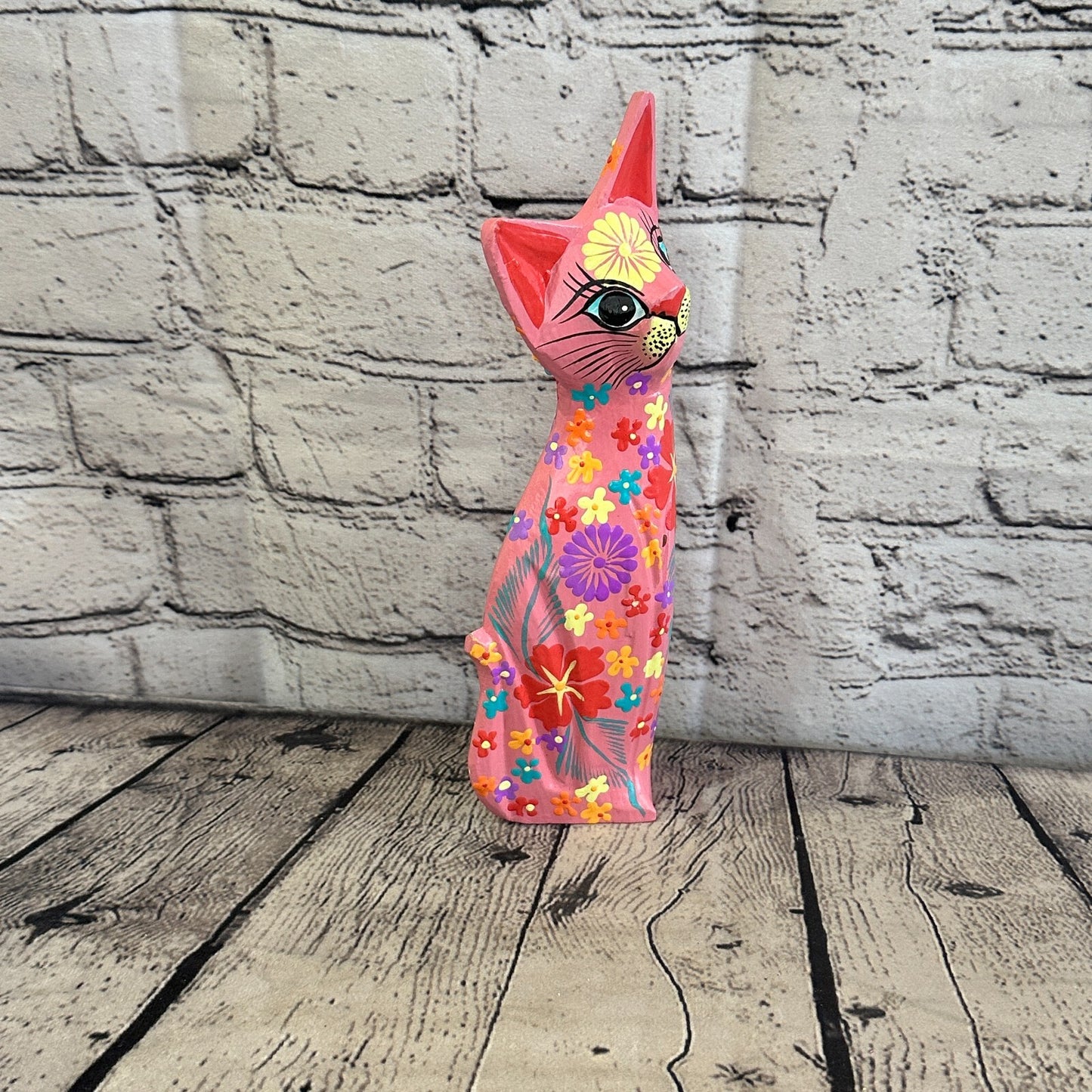 Pink Flat Back Wooden Cat With Flower Pattern 25cm x 8cm Handmade and Fairtrade
