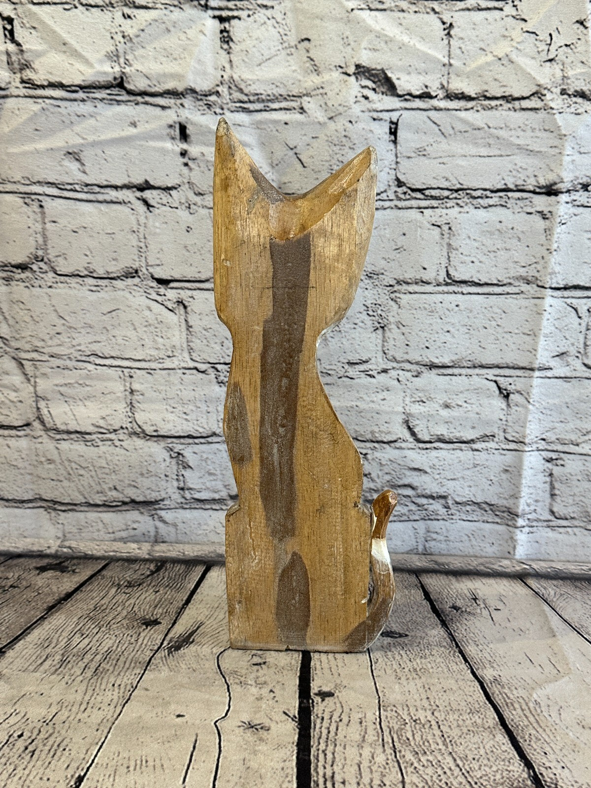 30cm Light Brown Flower Wooden Shabby Cat Statue Ornament Fair Trade Handcarved