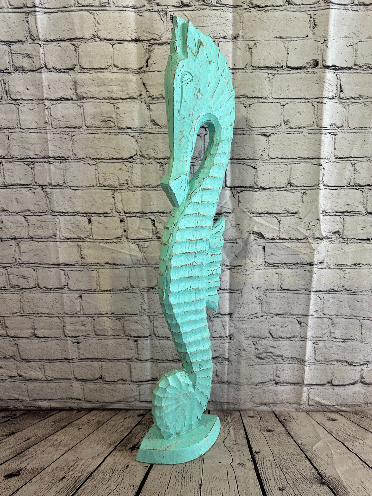 80cm Green Plain Wooden Shabby Seahorse Statue Ornament Fair Trade Handcarved