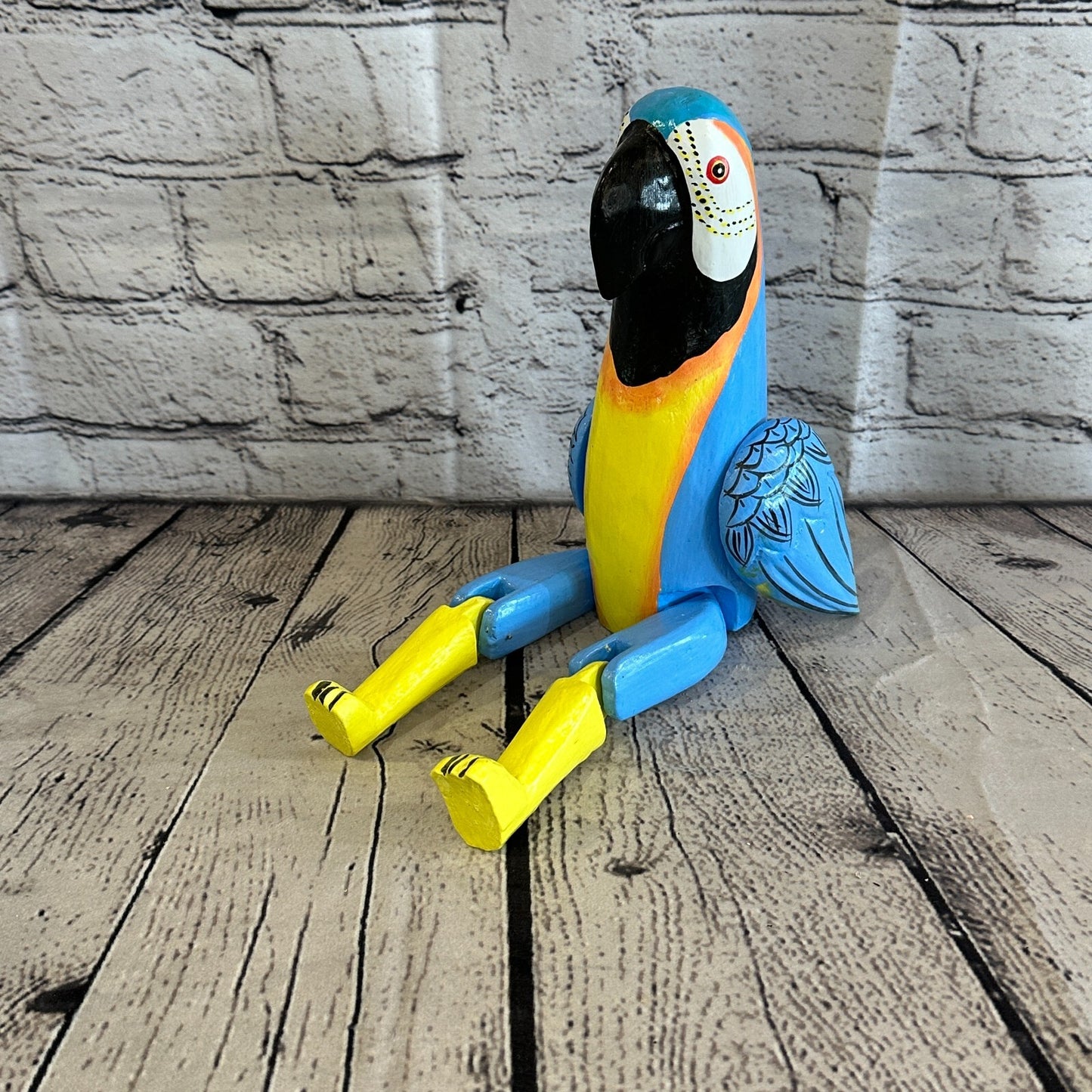 20cm Blue Parrot Sitting Animal, Wooden Shelf Ornament Handmade & Fairtrade
