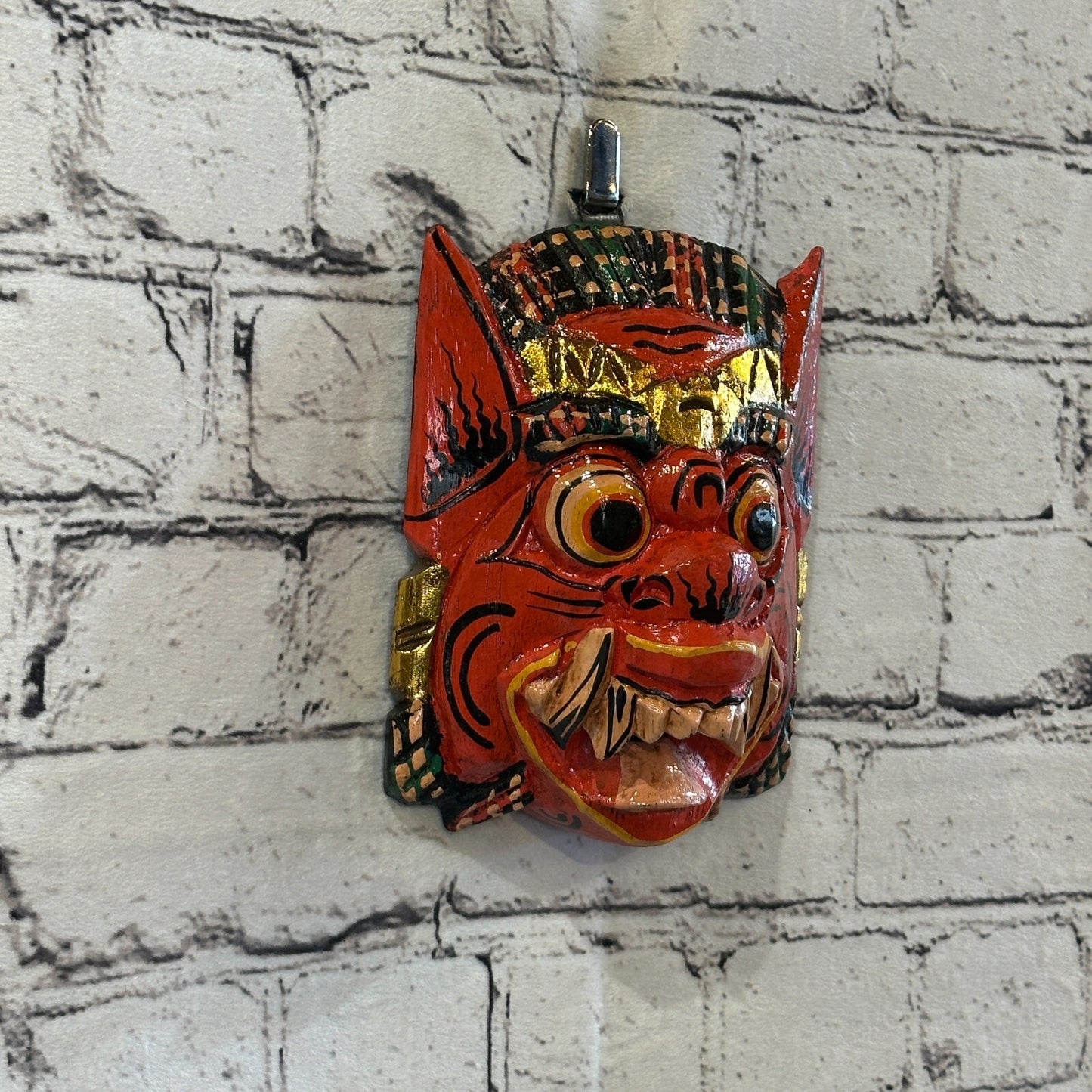 Small Wooden Red Barong Wall Mask 15cm x 12cm Handmade And Fairtrade Hindu