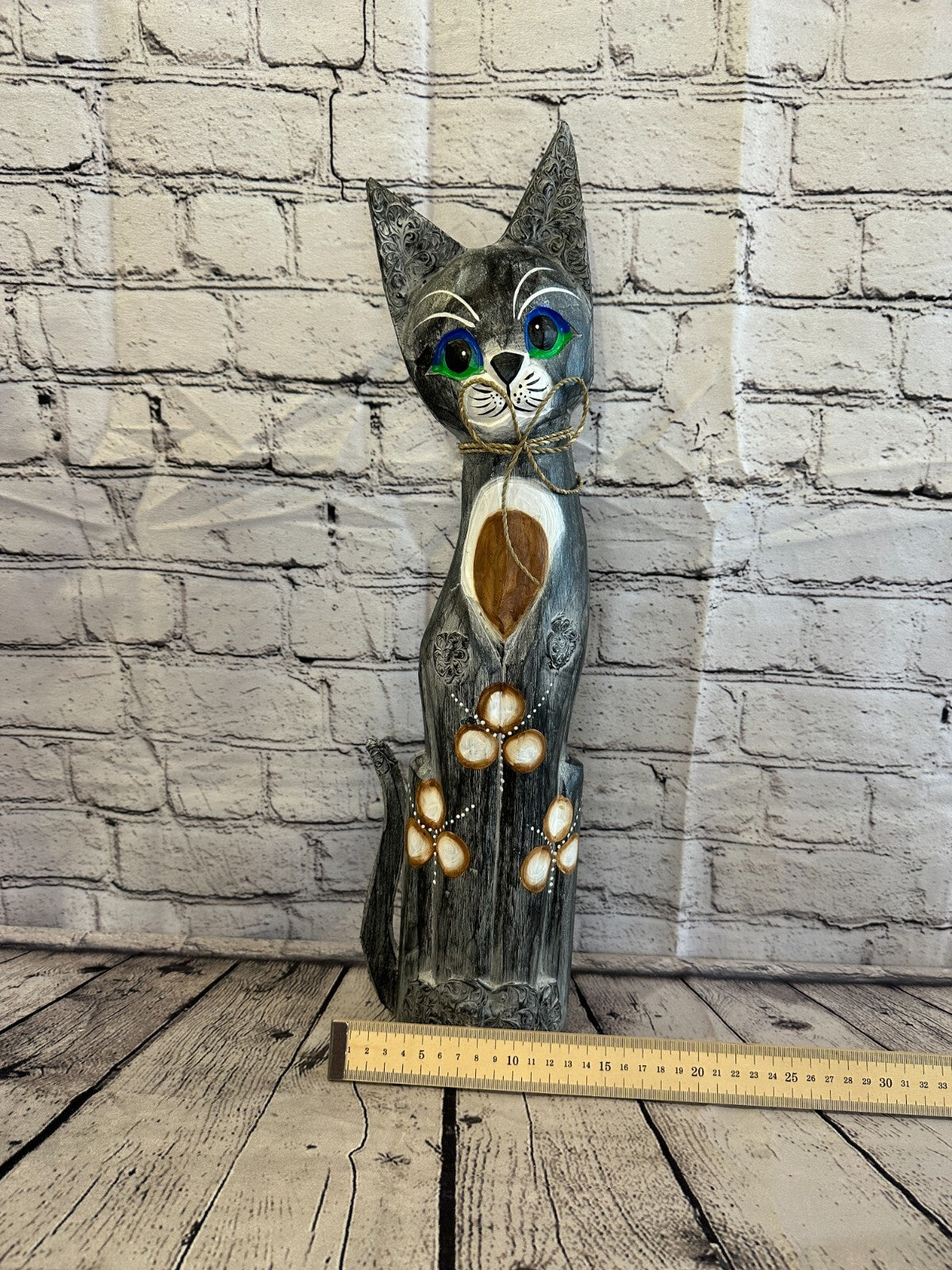 50cm Grey Swirl Flower Wooden Shabby Cat Statue Ornament Fair Trade Handcarved